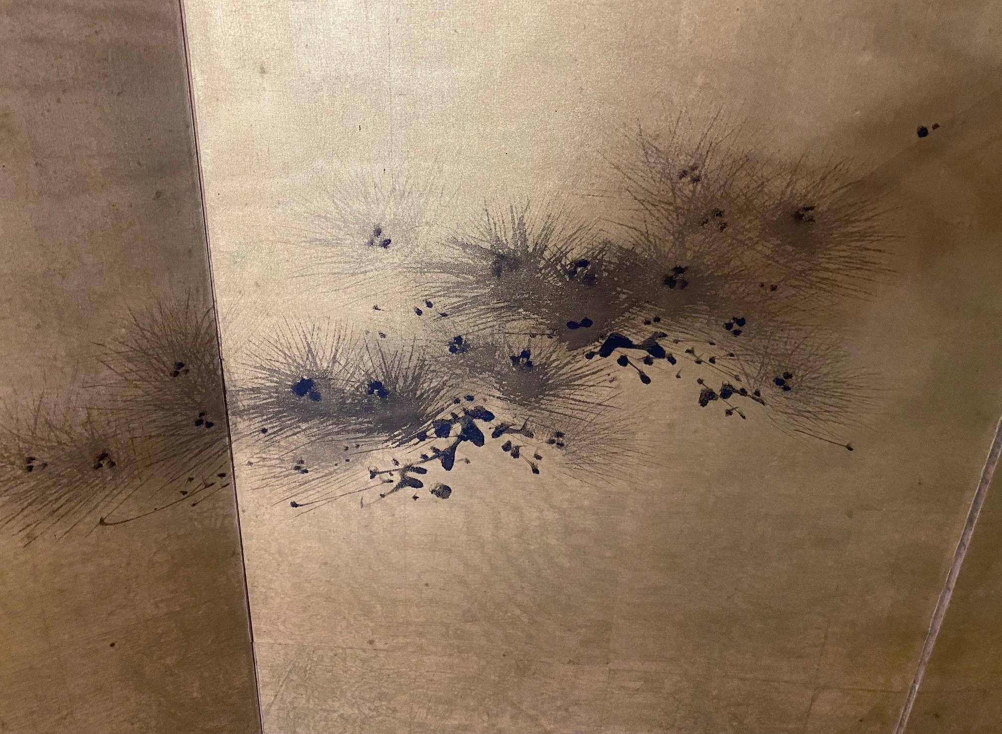 Japanisch Asiatisch Signiert Vier Panel Folding Byobu Kirschblüte & Pine Tree Bildschirm im Angebot 3