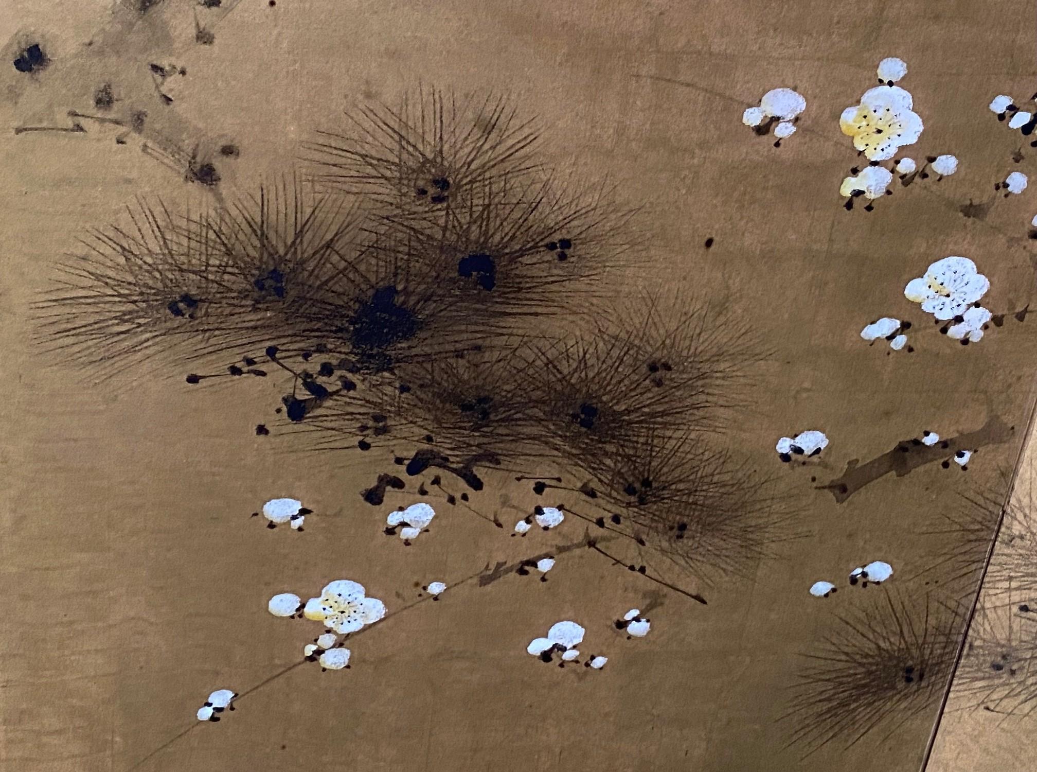 Japanisch Asiatisch Signiert Vier Panel Folding Byobu Kirschblüte & Pine Tree Bildschirm im Angebot 4