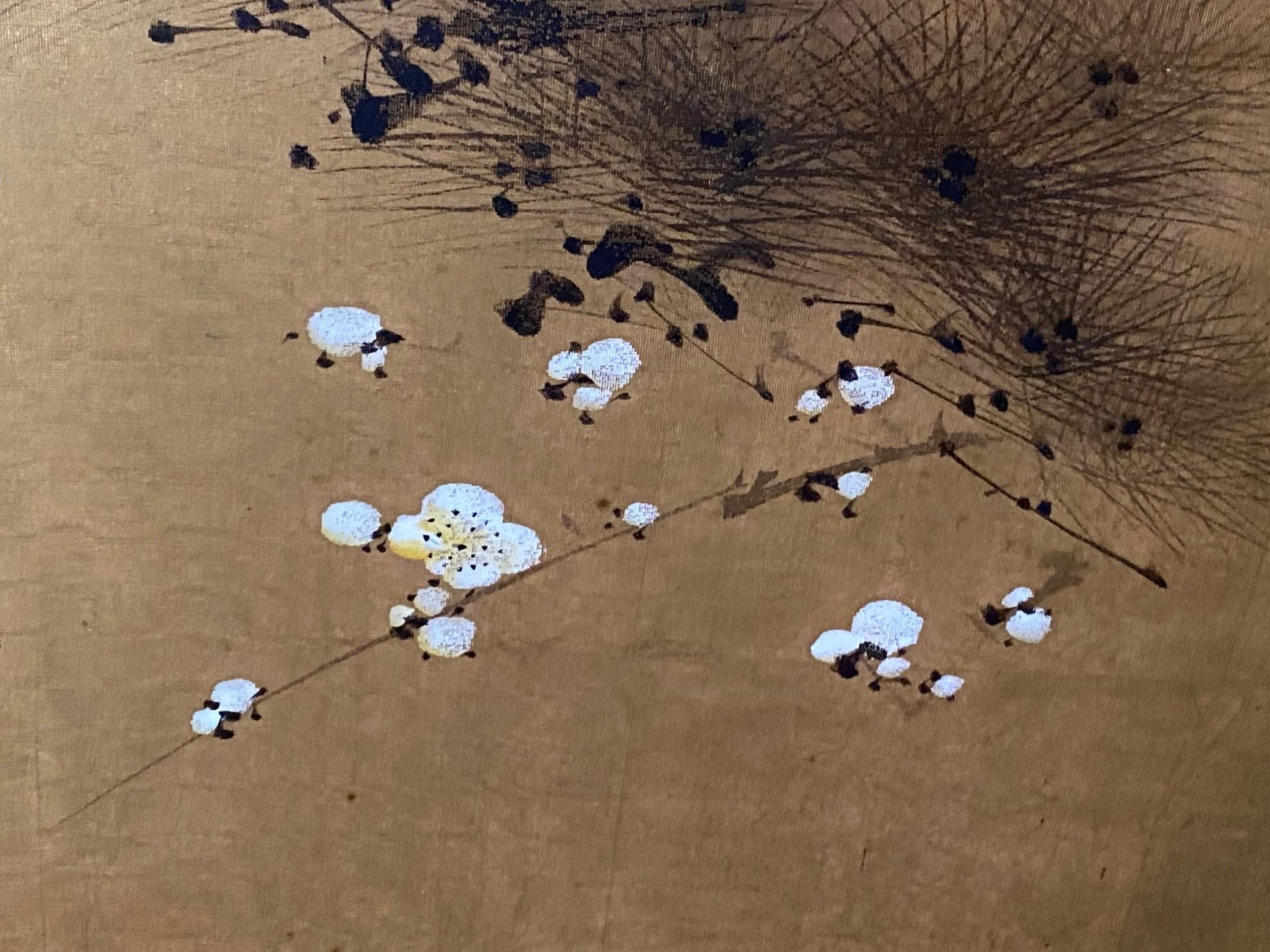 Japanisch Asiatisch Signiert Vier Panel Folding Byobu Kirschblüte & Pine Tree Bildschirm im Angebot 6