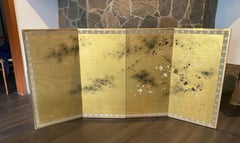 Japanese Asian Signed Four Panel Folding Byobu Cherry Blossom & Pine Tree Screen