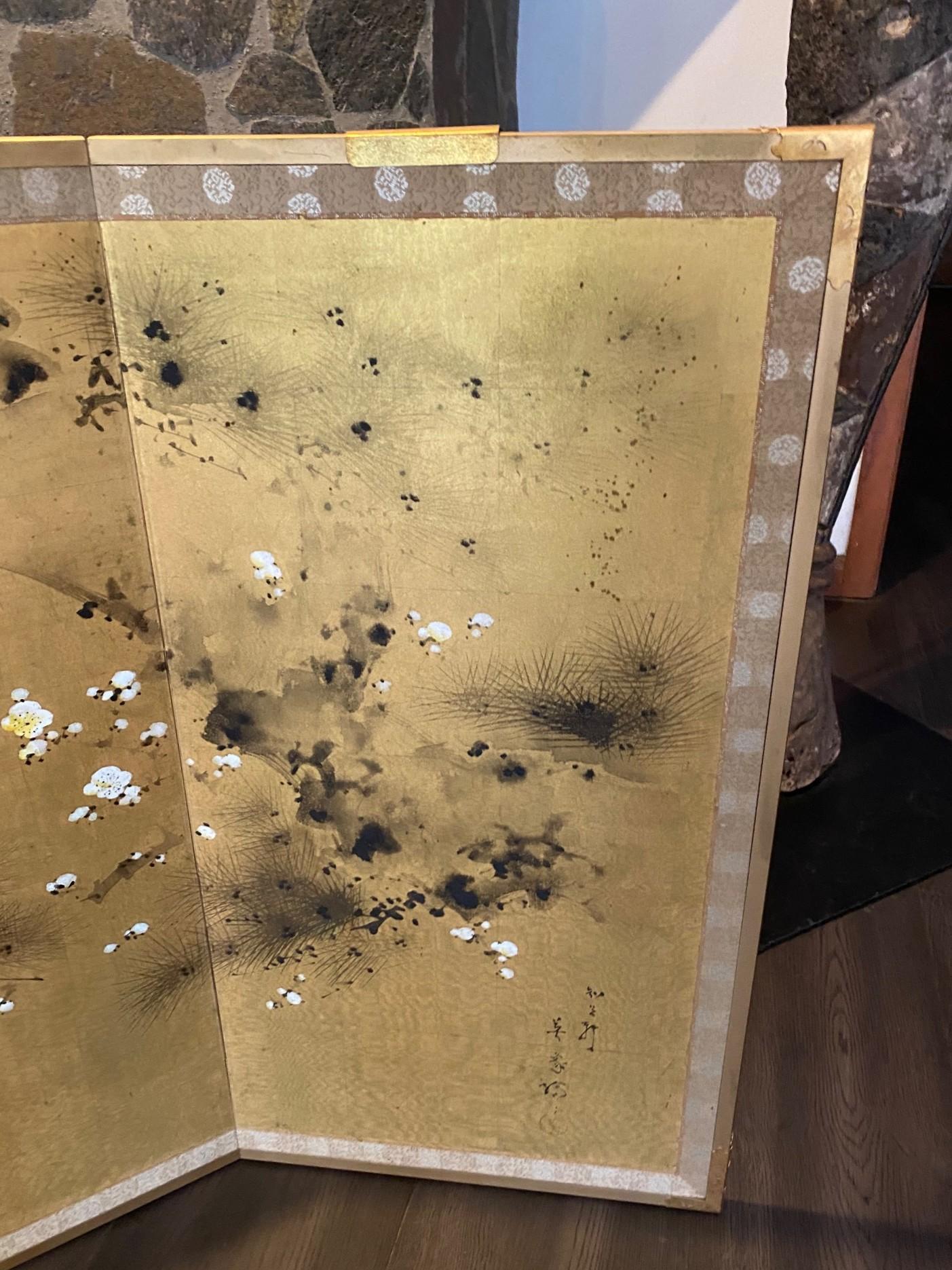 Japanisch Asiatisch Signiert Vier Panel Folding Byobu Kirschblüte & Pine Tree Bildschirm (Showa) im Angebot