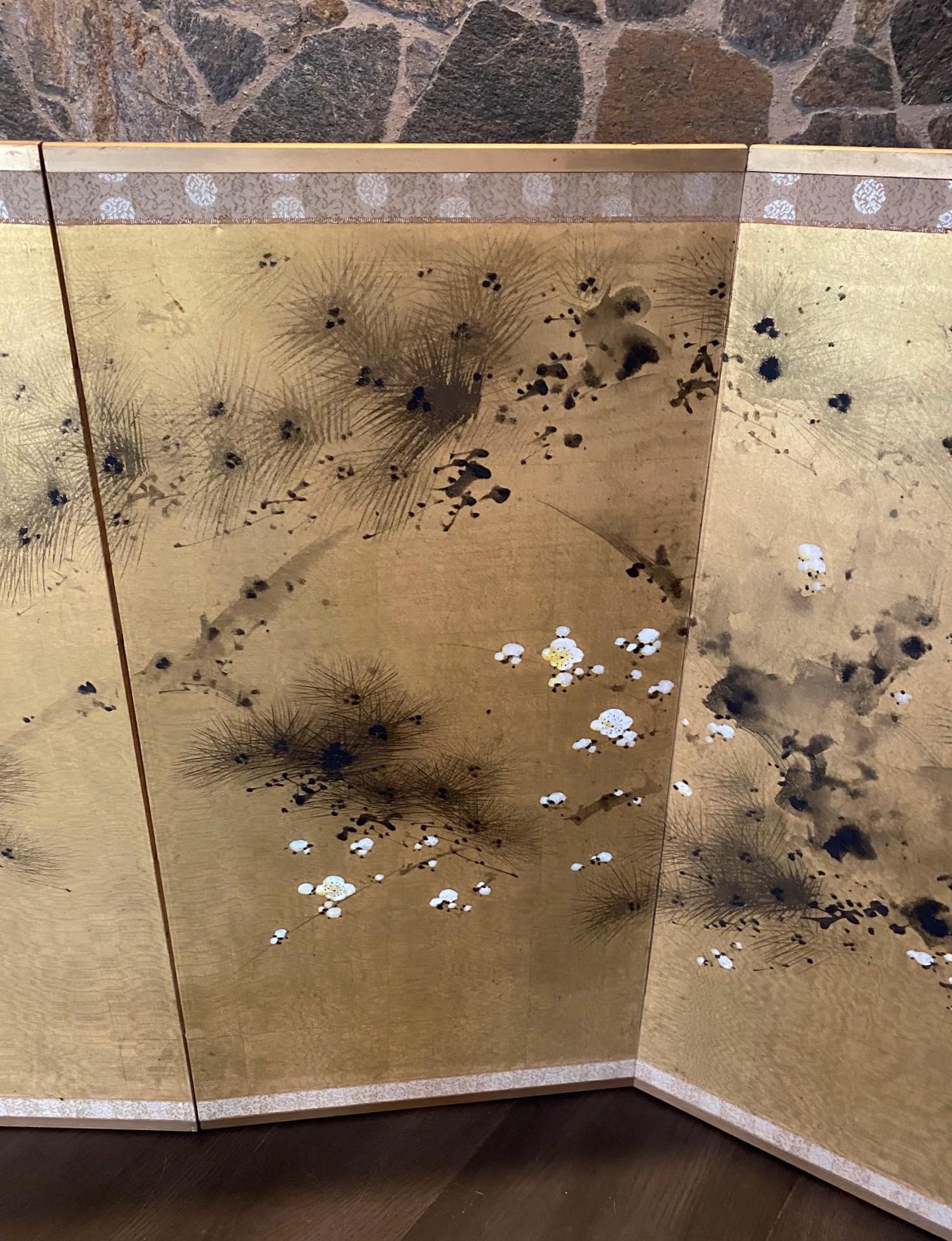 Japanisch Asiatisch Signiert Vier Panel Folding Byobu Kirschblüte & Pine Tree Bildschirm (Handgefertigt) im Angebot