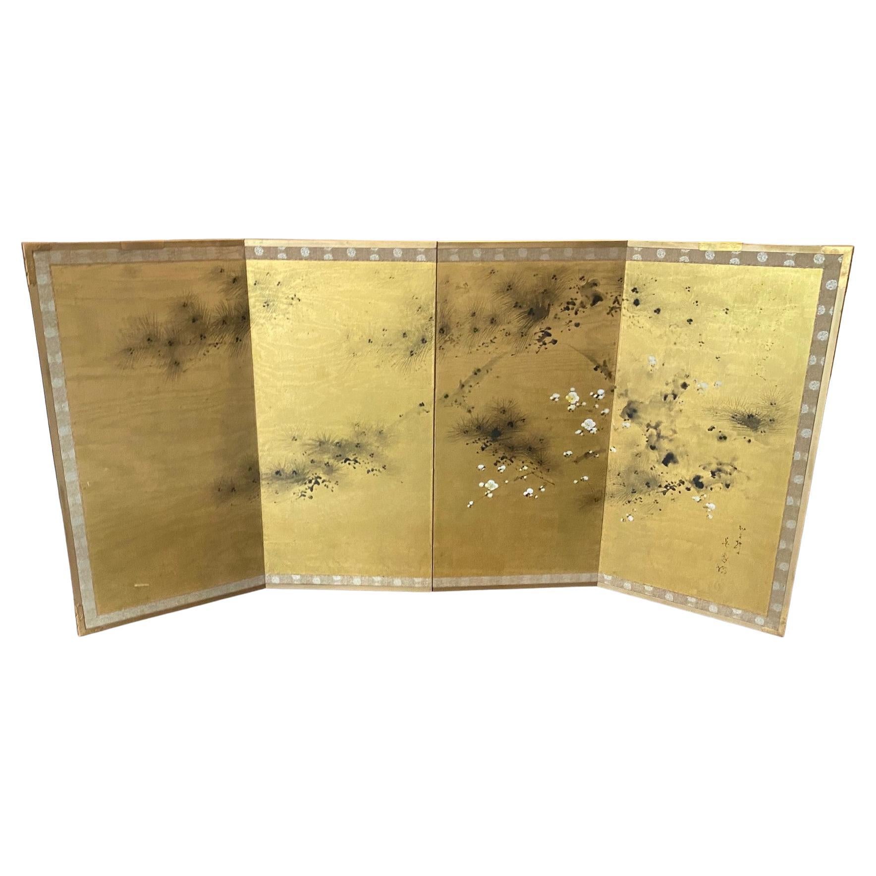 Japanisch Asiatisch Signiert Vier Panel Folding Byobu Kirschblüte 
Pine Tree Bildschirm