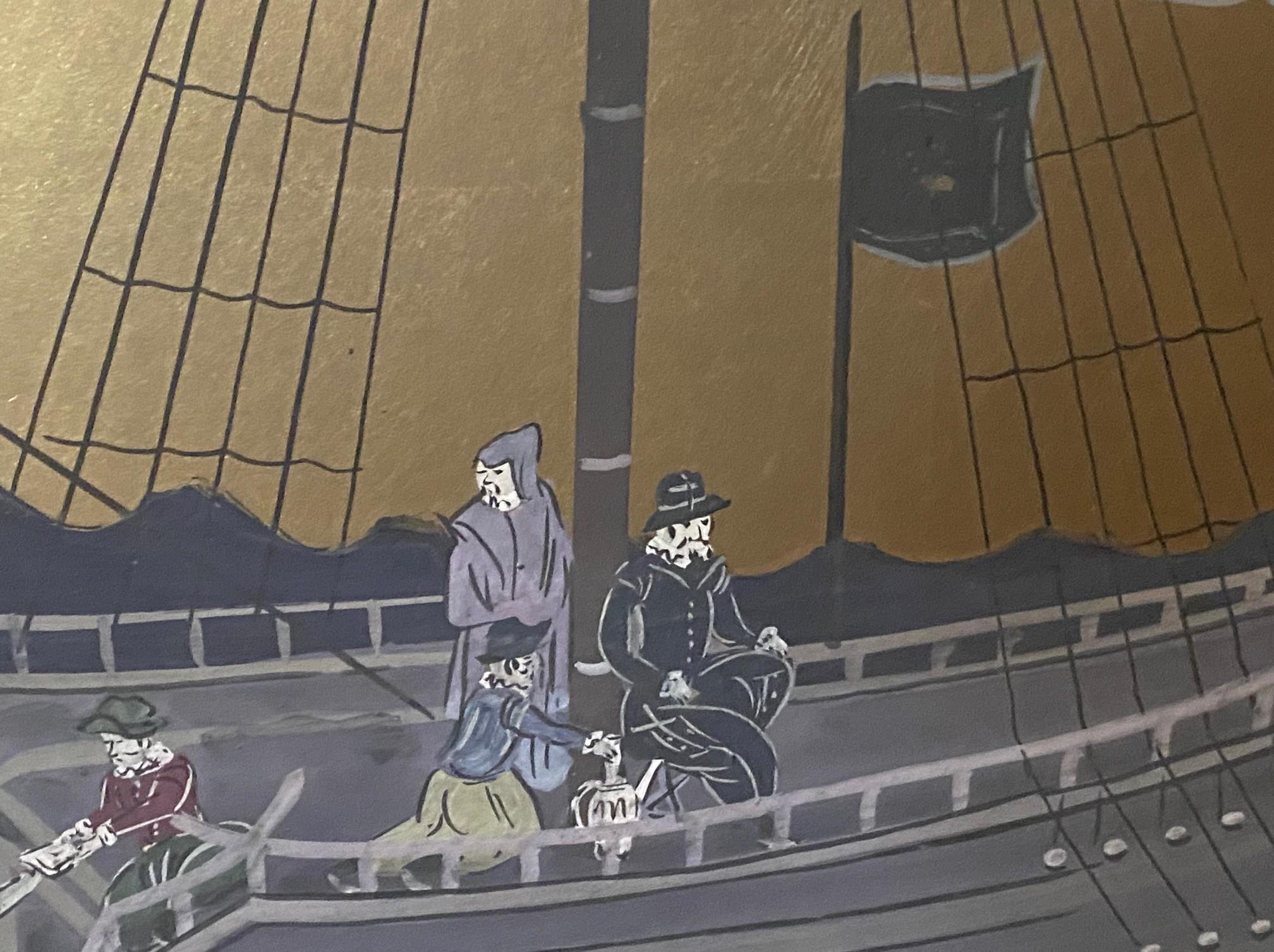 Japanisch Asiatisch Signiert Vier Panel Folding Byobu Nanban Schiff auf See Ankunft Bildschirm im Angebot 3