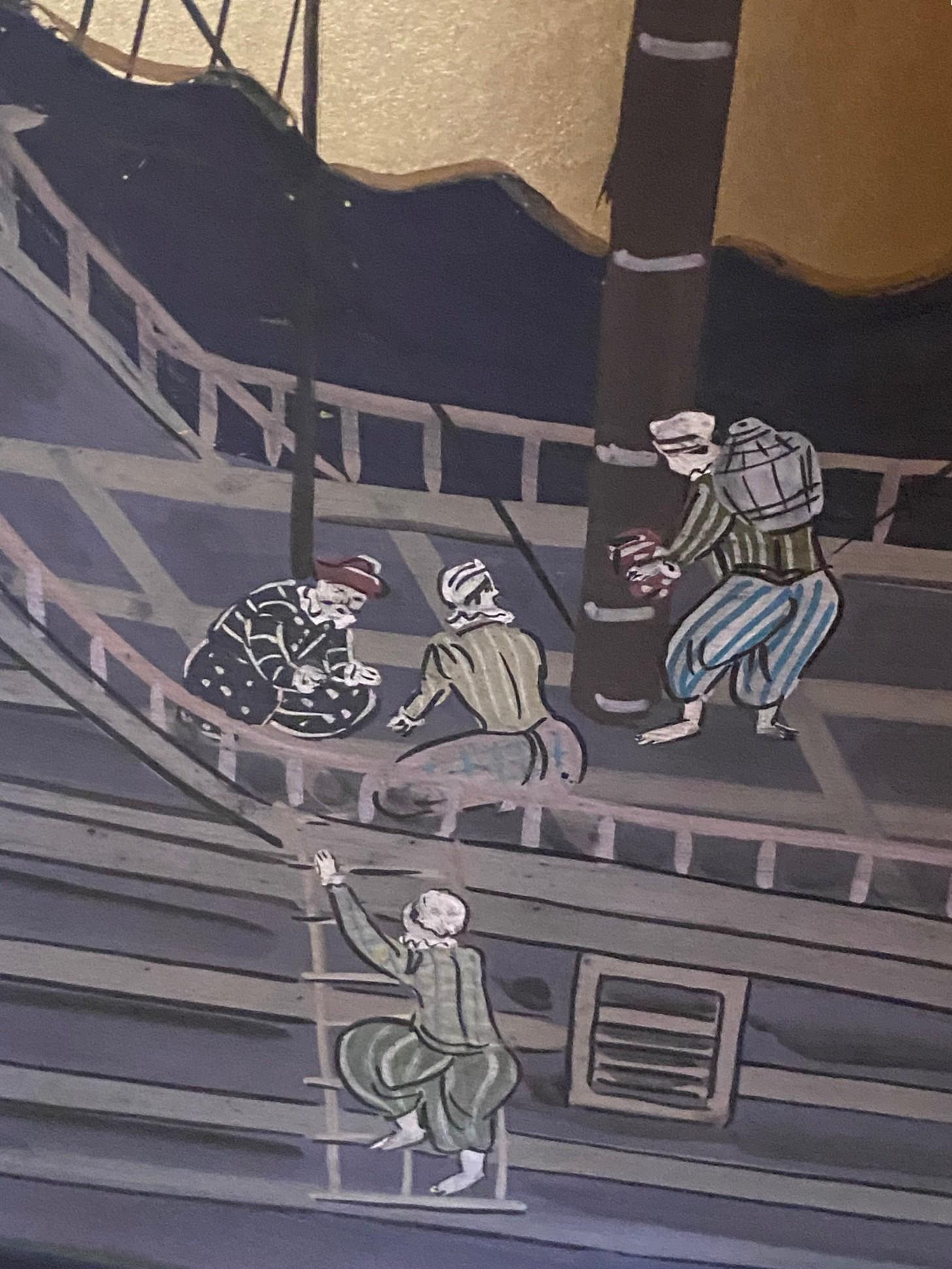 Japanisch Asiatisch Signiert Vier Panel Folding Byobu Nanban Schiff auf See Ankunft Bildschirm im Angebot 5