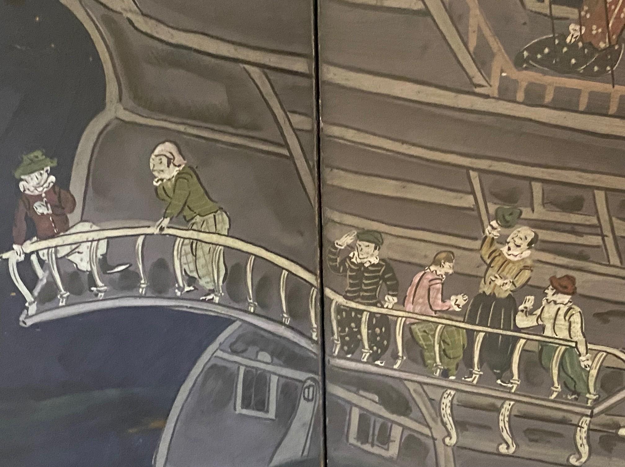 Japanisch Asiatisch Signiert Vier Panel Folding Byobu Nanban Schiff auf See Ankunft Bildschirm im Angebot 6