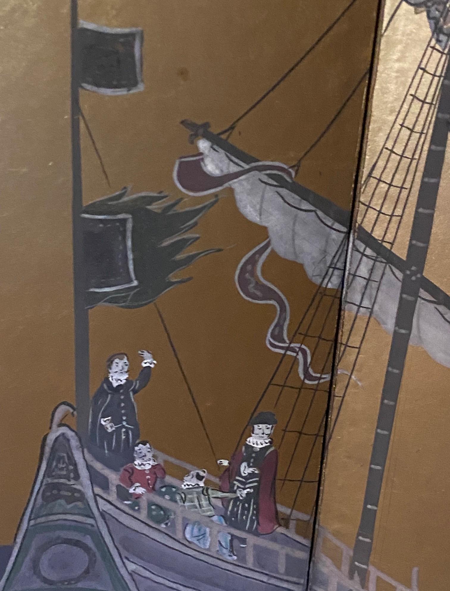 Japanisch Asiatisch Signiert Vier Panel Folding Byobu Nanban Schiff auf See Ankunft Bildschirm im Angebot 7