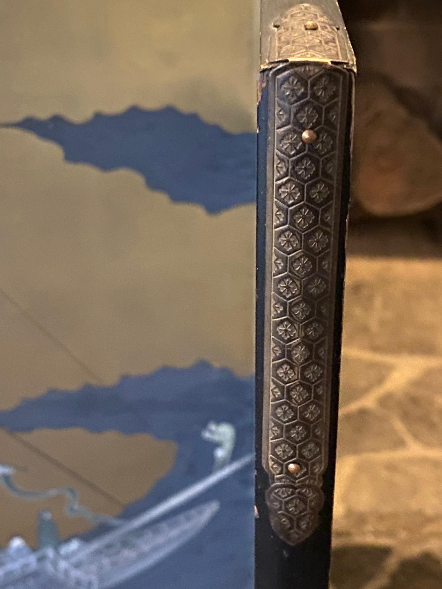 Japanisch Asiatisch Signiert Vier Panel Folding Byobu Nanban Schiff auf See Ankunft Bildschirm im Angebot 11