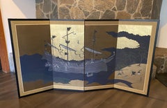 Japanese Asian Signed Four Panel Folding Byobu Nanban Ship at Sea Arrival Screen