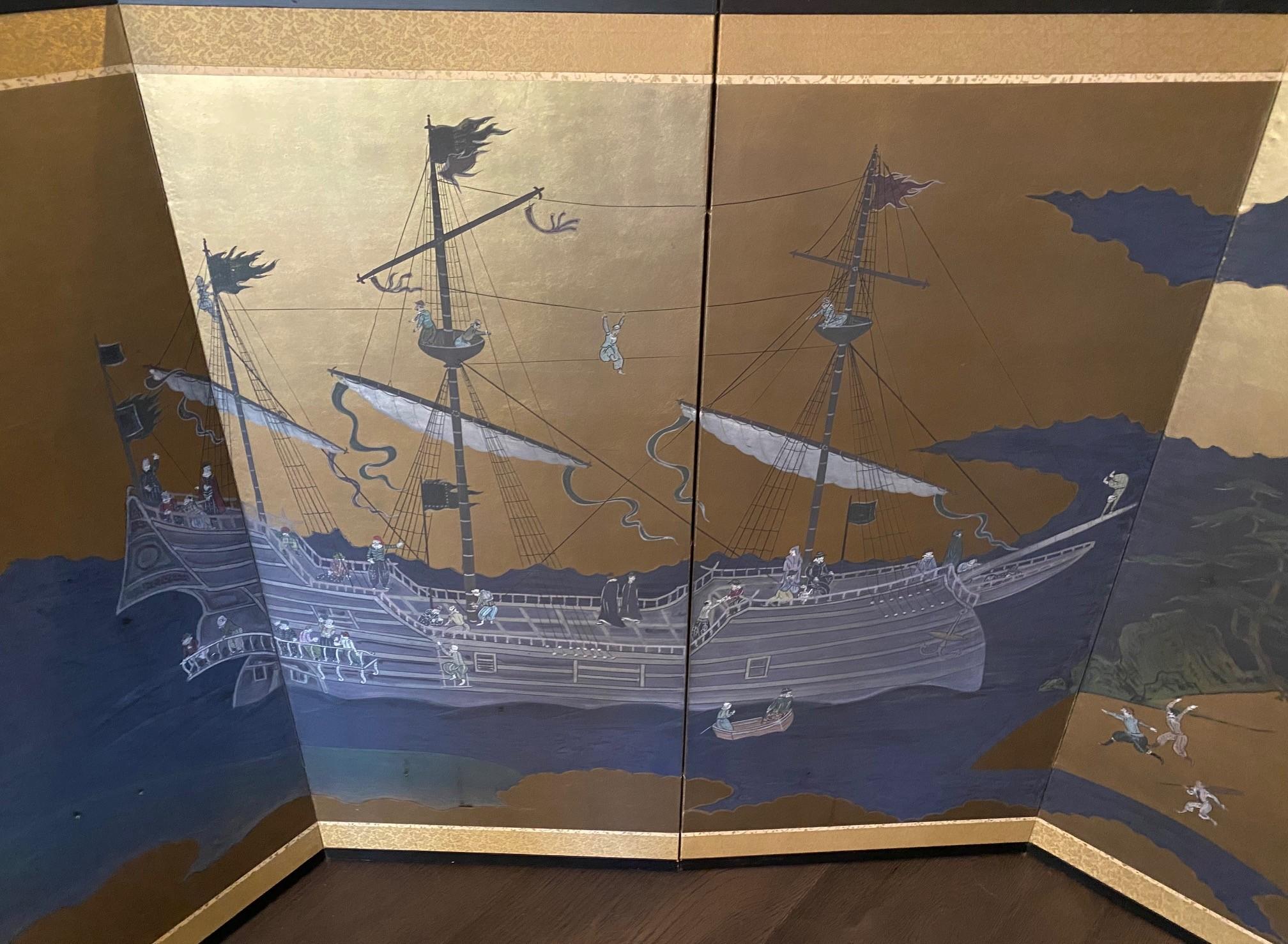 Japanisch Asiatisch Signiert Vier Panel Folding Byobu Nanban Schiff auf See Ankunft Bildschirm im Angebot 13