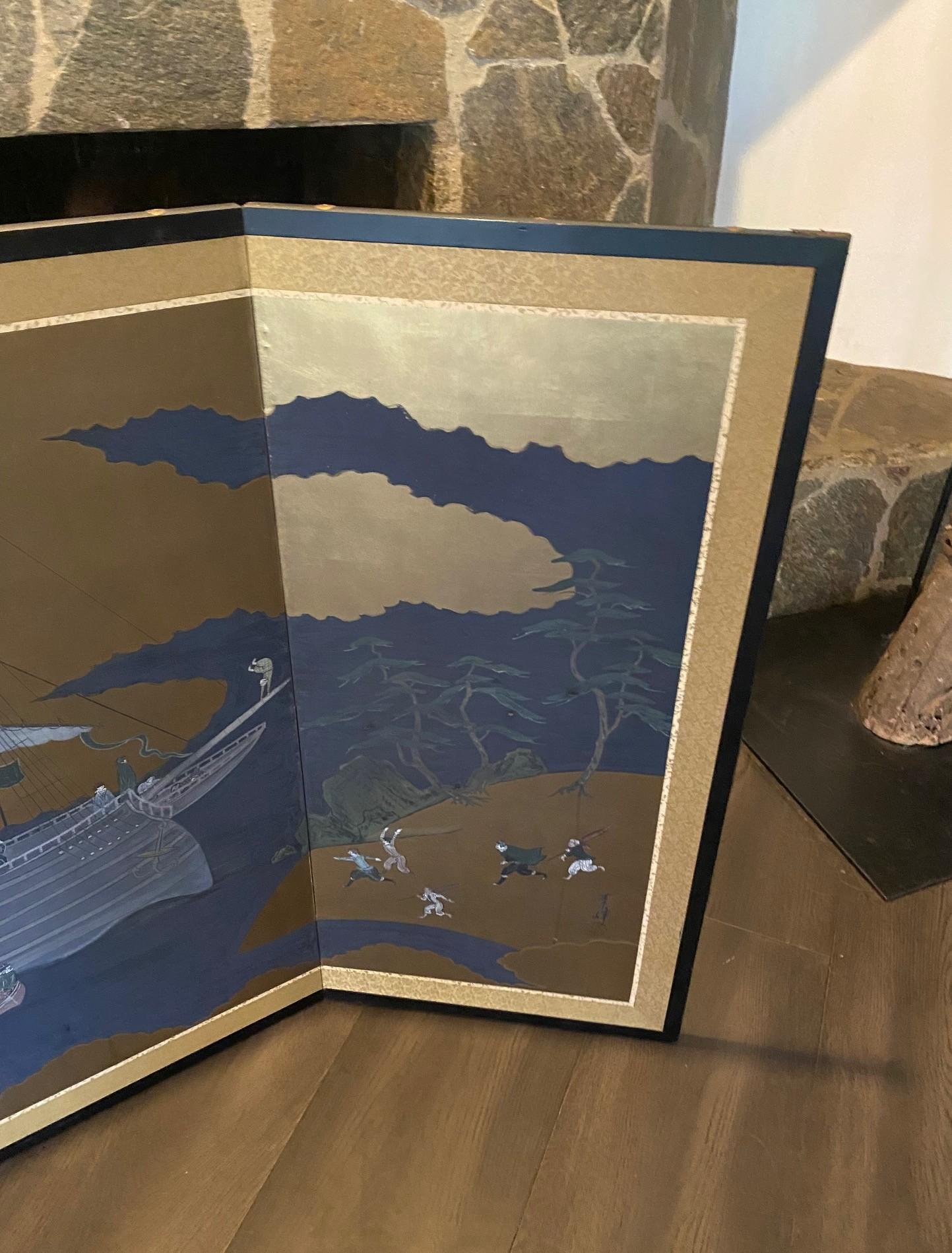 Japanisch Asiatisch Signiert Vier Panel Folding Byobu Nanban Schiff auf See Ankunft Bildschirm (Showa) im Angebot