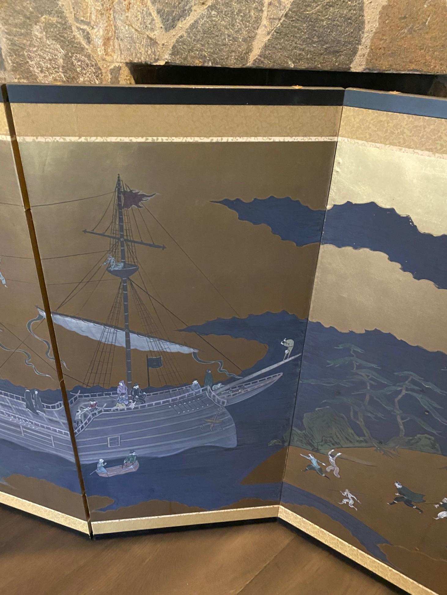 Japanisch Asiatisch Signiert Vier Panel Folding Byobu Nanban Schiff auf See Ankunft Bildschirm (Handgefertigt) im Angebot