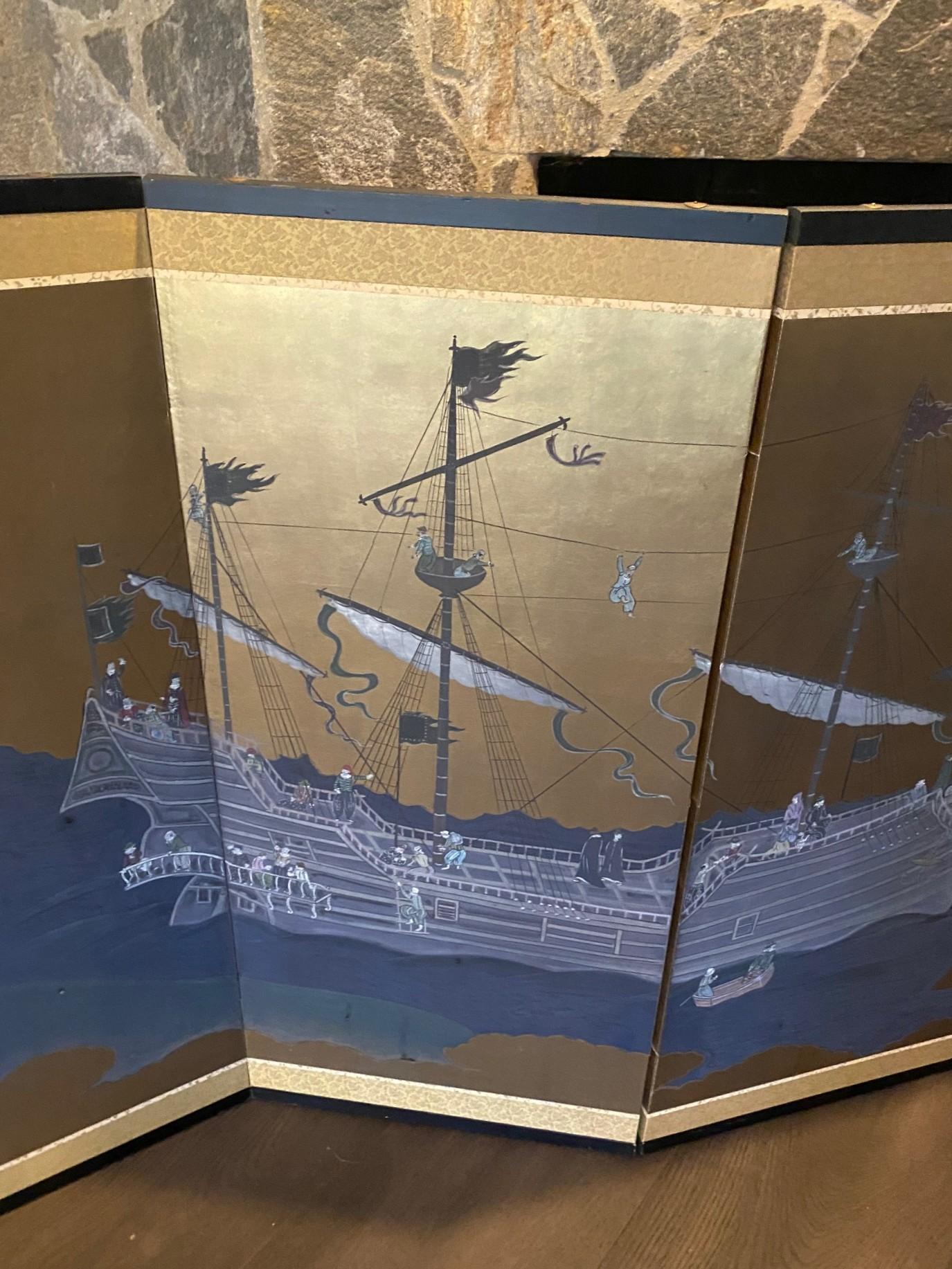 Japanisch Asiatisch Signiert Vier Panel Folding Byobu Nanban Schiff auf See Ankunft Bildschirm im Zustand „Gut“ im Angebot in Studio City, CA