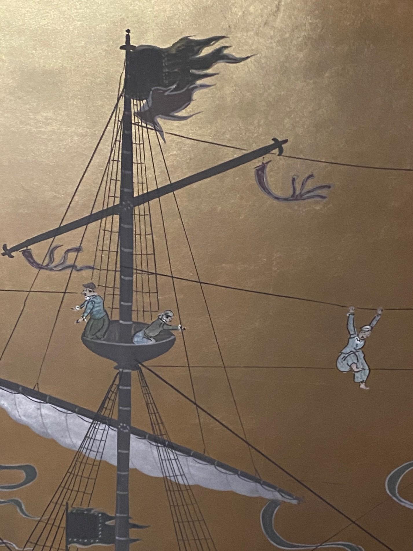 Japanisch Asiatisch Signiert Vier Panel Folding Byobu Nanban Schiff auf See Ankunft Bildschirm (Blattgold) im Angebot