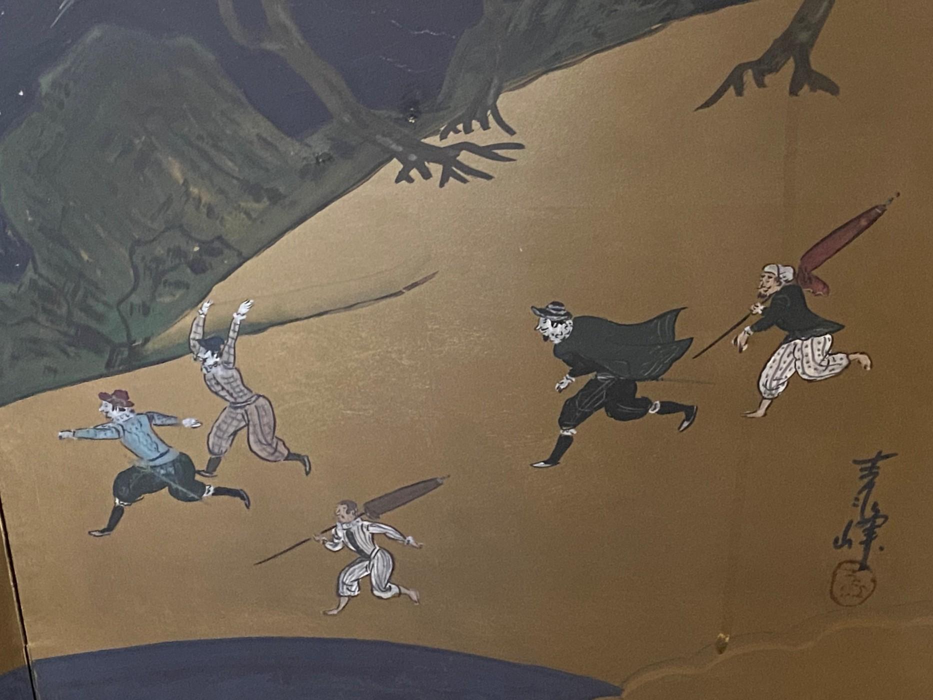 Japanisch Asiatisch Signiert Vier Panel Folding Byobu Nanban Schiff auf See Ankunft Bildschirm im Angebot 1