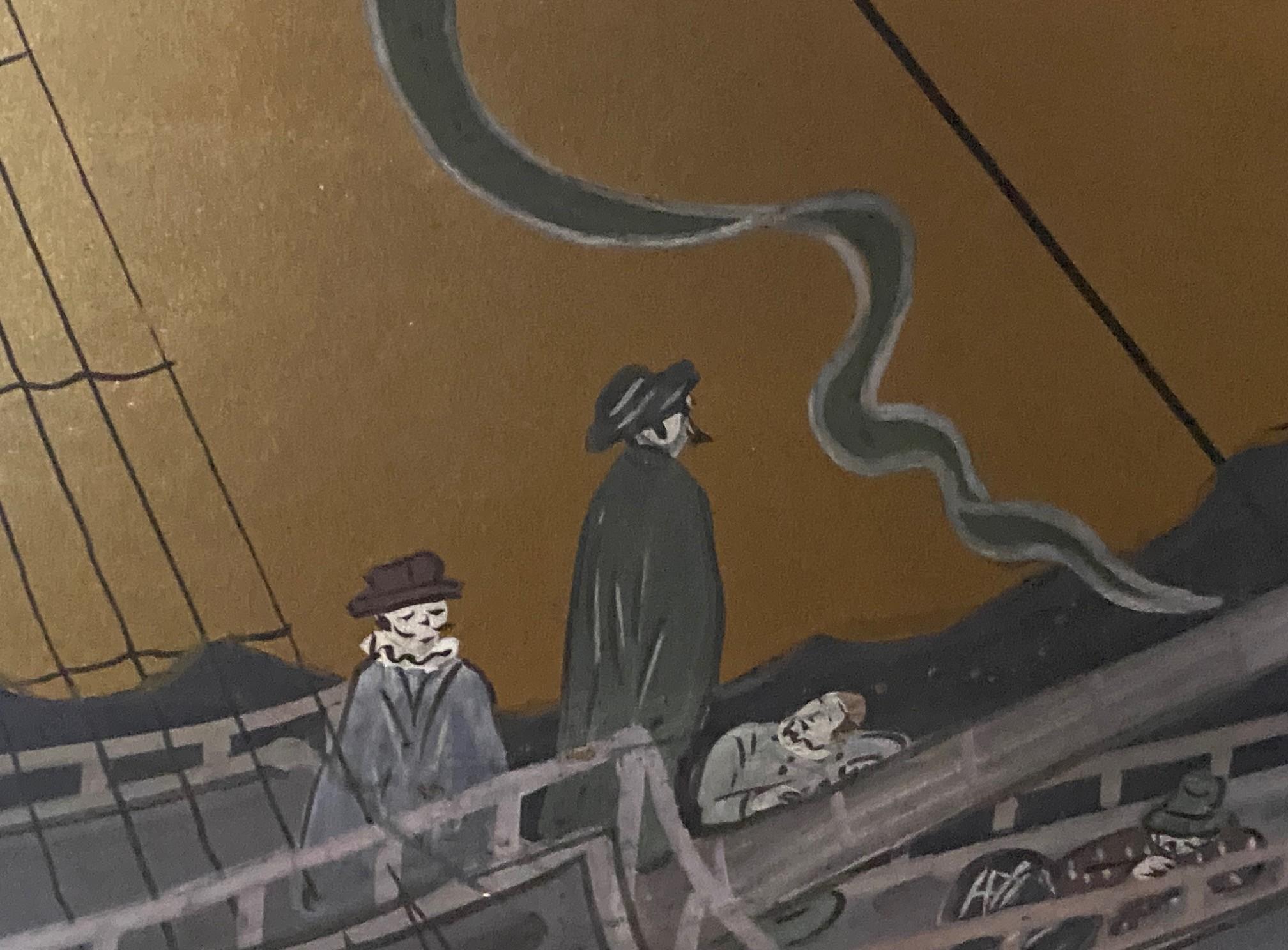 Japanisch Asiatisch Signiert Vier Panel Folding Byobu Nanban Schiff auf See Ankunft Bildschirm im Angebot 2