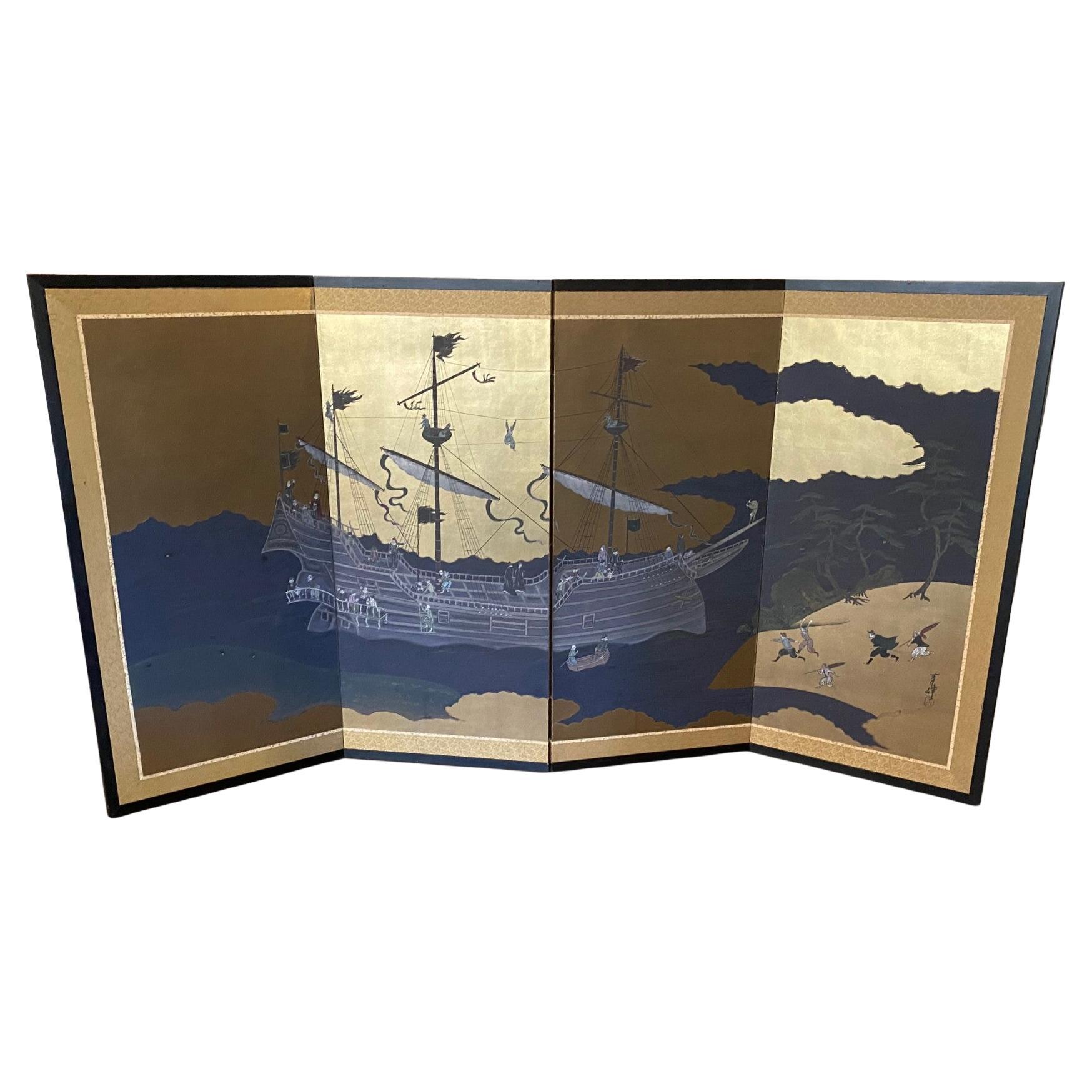 Japanisch Asiatisch Signiert Vier Panel Folding Byobu Nanban Schiff auf See Ankunft Bildschirm im Angebot