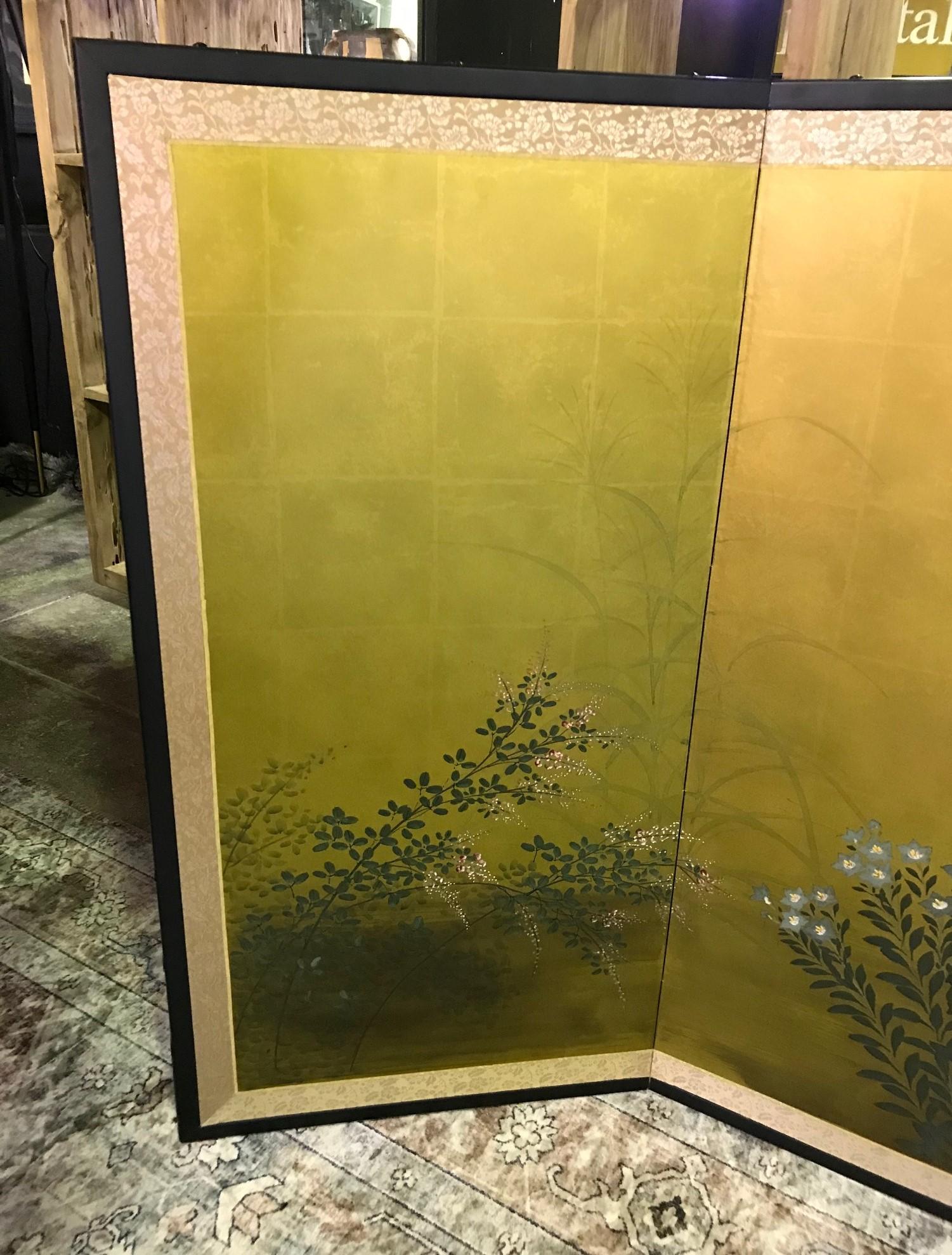 Showa Japanese Asian Signed Four-Panel Folding Byobu Nature Blooming Floral Screen