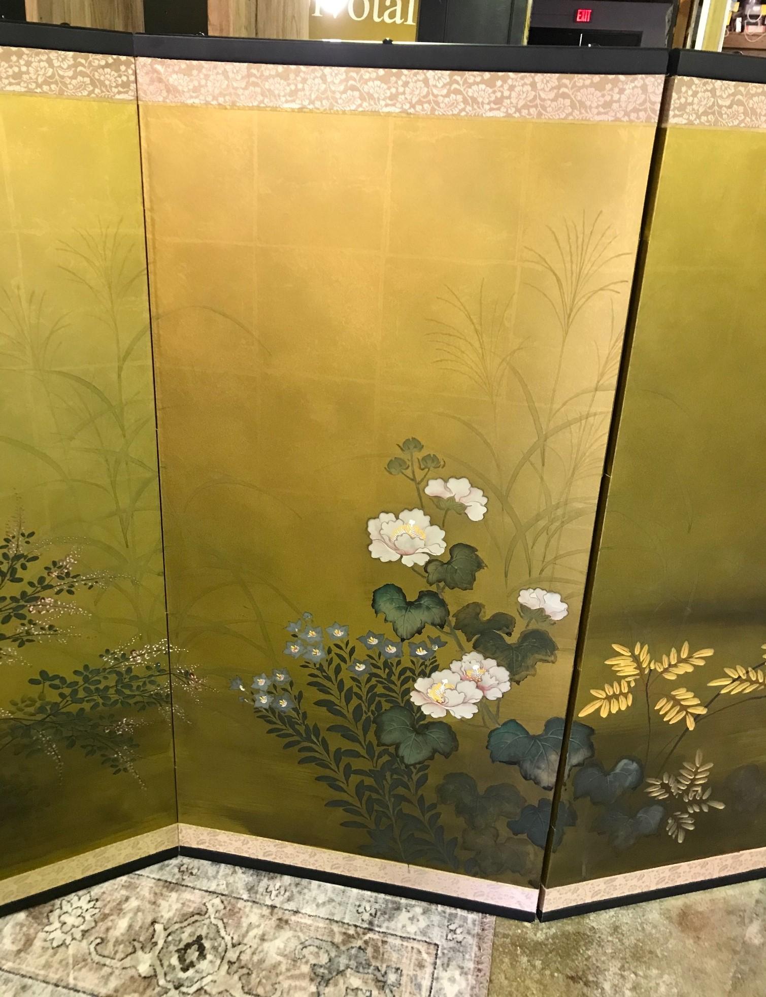 Hand-Painted Japanese Asian Signed Four-Panel Folding Byobu Nature Blooming Floral Screen