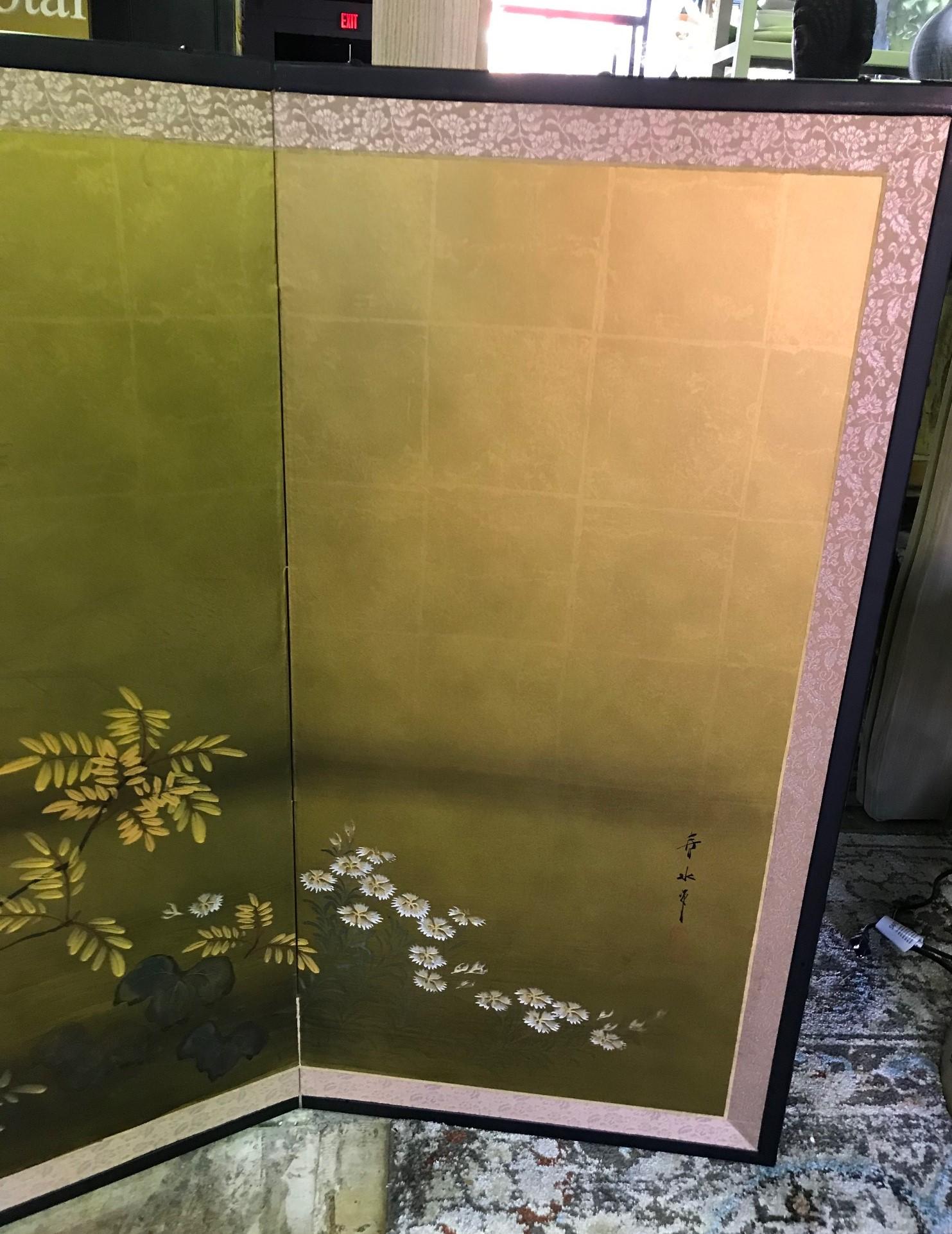 Japanese Asian Signed Four-Panel Folding Byobu Nature Blooming Floral Screen In Good Condition In Studio City, CA