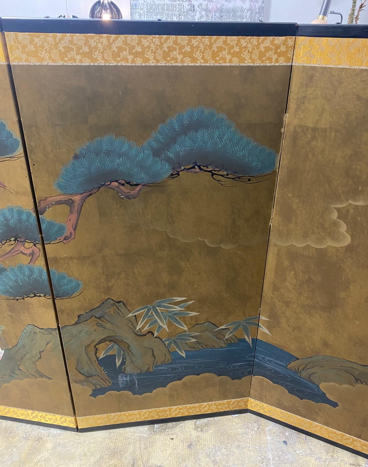 Hand-Painted Japanese Asian Signed Four-Panel Folding Byobu Nature Landscape Pine Tree Screen