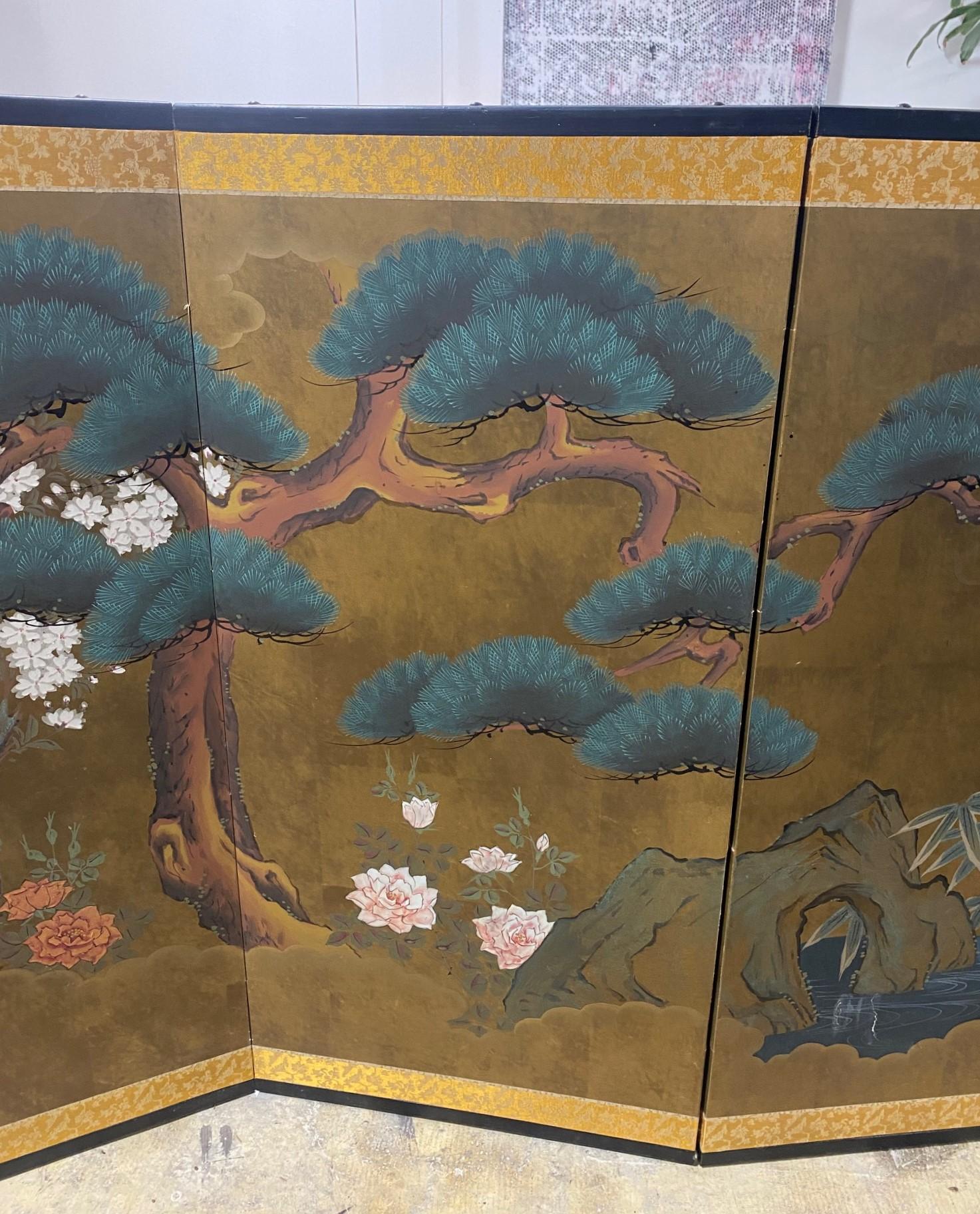 Japanese Asian Signed Four-Panel Folding Byobu Nature Landscape Pine Tree Screen In Good Condition In Studio City, CA
