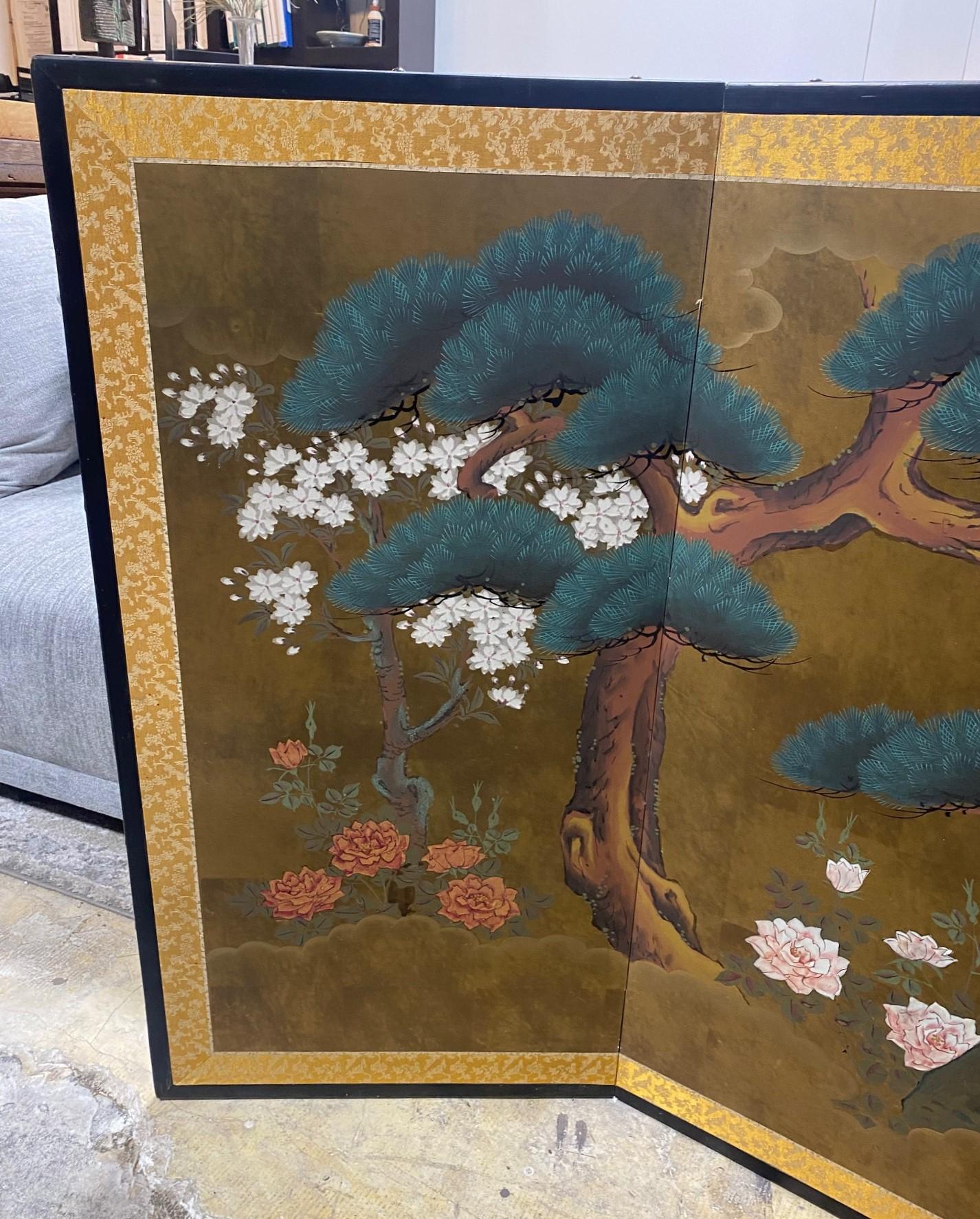 20th Century Japanese Asian Signed Four-Panel Folding Byobu Nature Landscape Pine Tree Screen