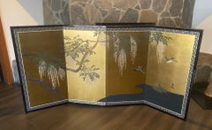 Japanese Asian Signed Four-Panel Folding Byobu Nature Tree Blossom Bird Screen