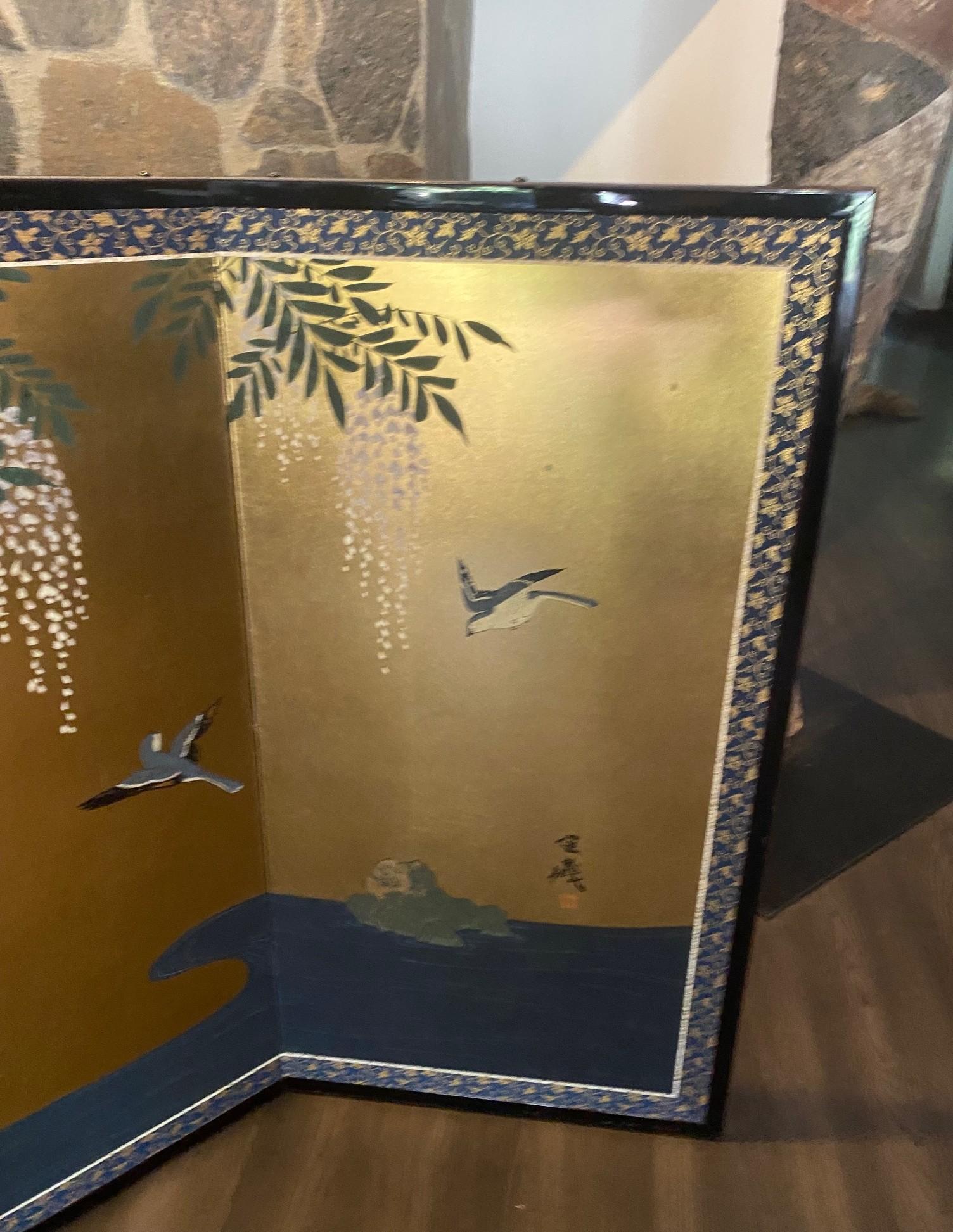 Japanisch Asiatisch Signiert Vier-Panel Folding Byobu Nature Baum Blüte Vogel Bildschirm (Showa) im Angebot