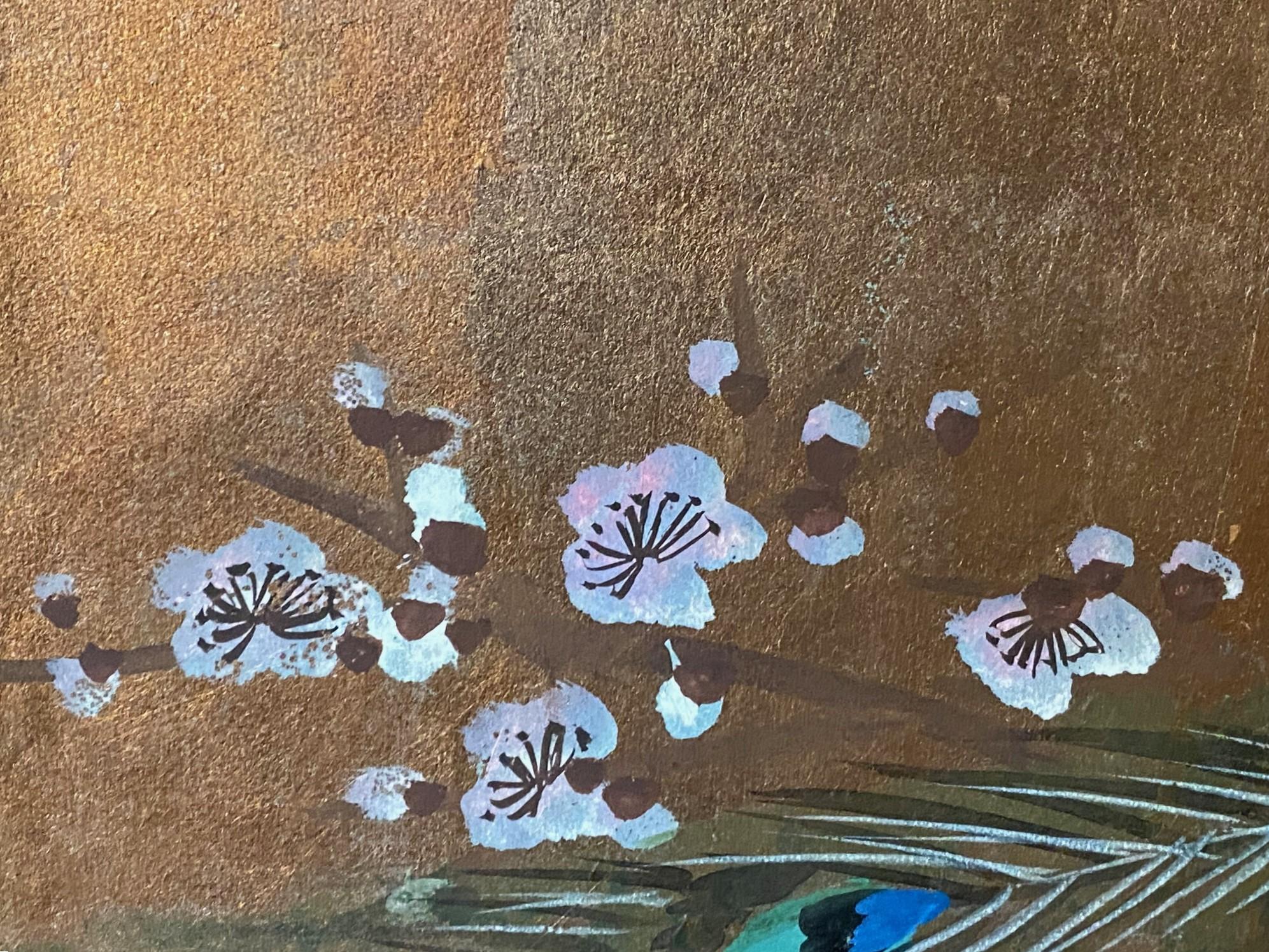 Paravento giapponese asiatico firmato a quattro pannelli Foldes Byobu con pavone e fiori di ciliegio in vendita 7
