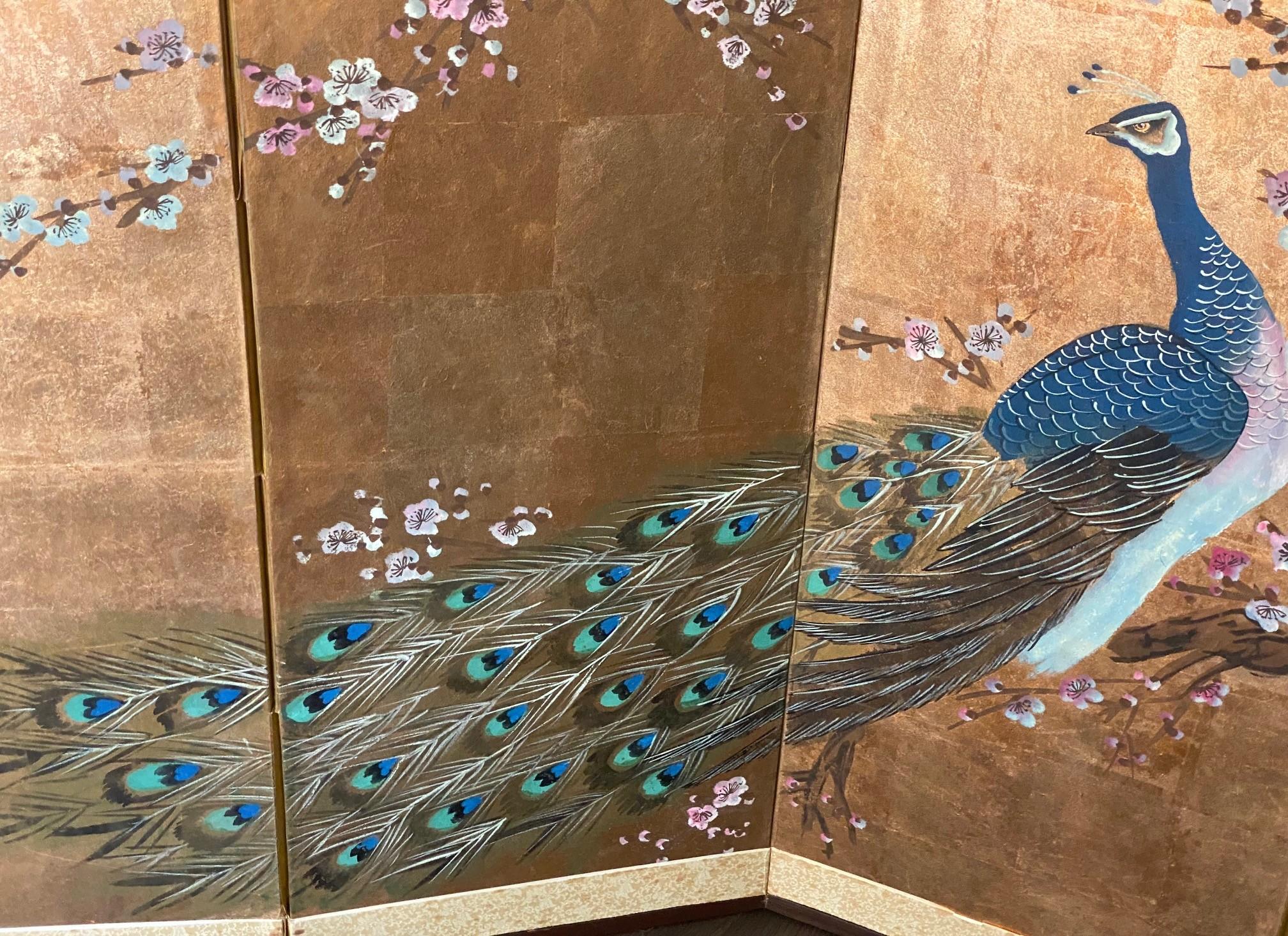 Paravento giapponese asiatico firmato a quattro pannelli Foldes Byobu con pavone e fiori di ciliegio in vendita 8
