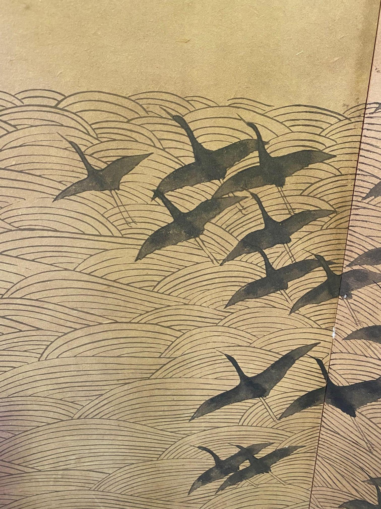 Japanese Asian Signed Four-Panel Folding Byobu Screen Cranes in Flight over Sea 3