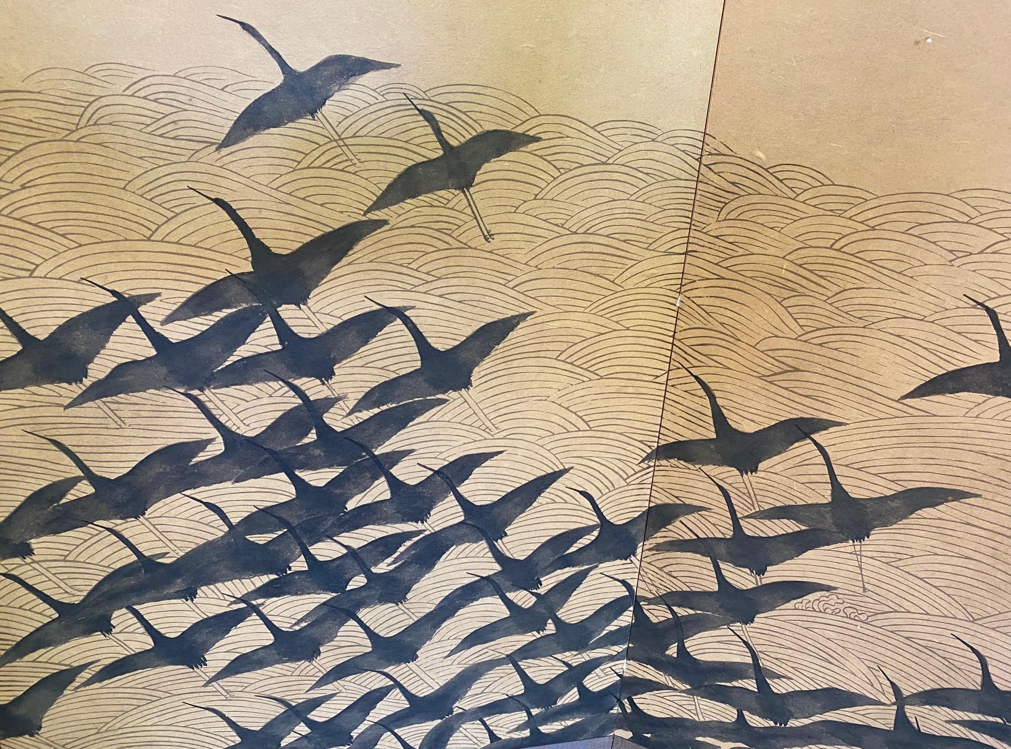 Japanese Asian Signed Four-Panel Folding Byobu Screen Cranes in Flight over Sea 4
