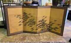 Japanese Asian Signed Four-Panel Folding Byobu Screen Cranes in Flight over Sea