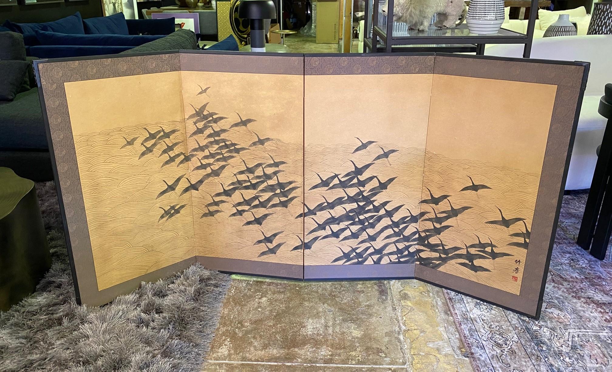 Showa Japanese Asian Signed Four-Panel Folding Byobu Screen Cranes in Flight over Sea
