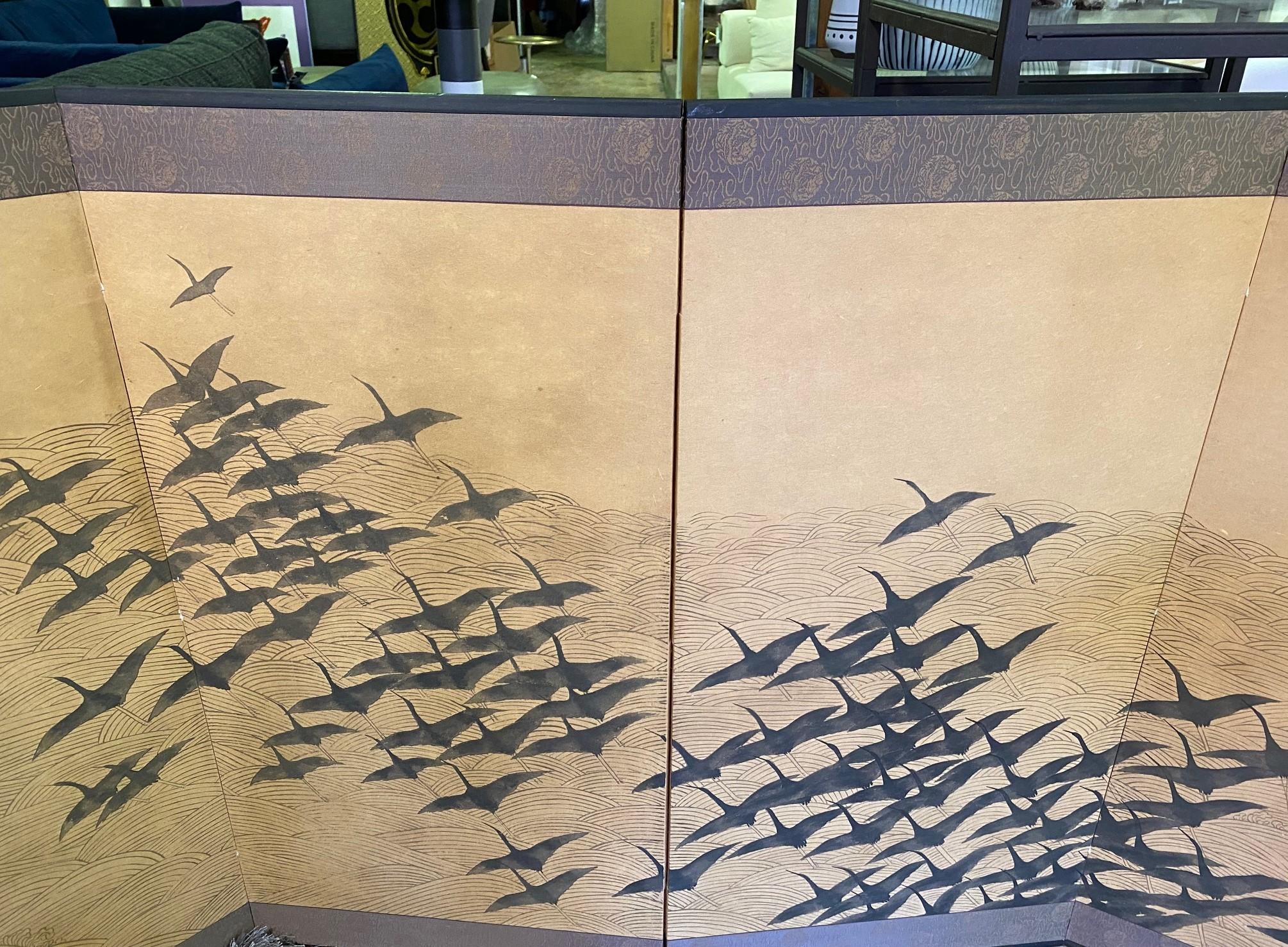Japanese Asian Signed Four-Panel Folding Byobu Screen Cranes in Flight over Sea In Good Condition In Studio City, CA