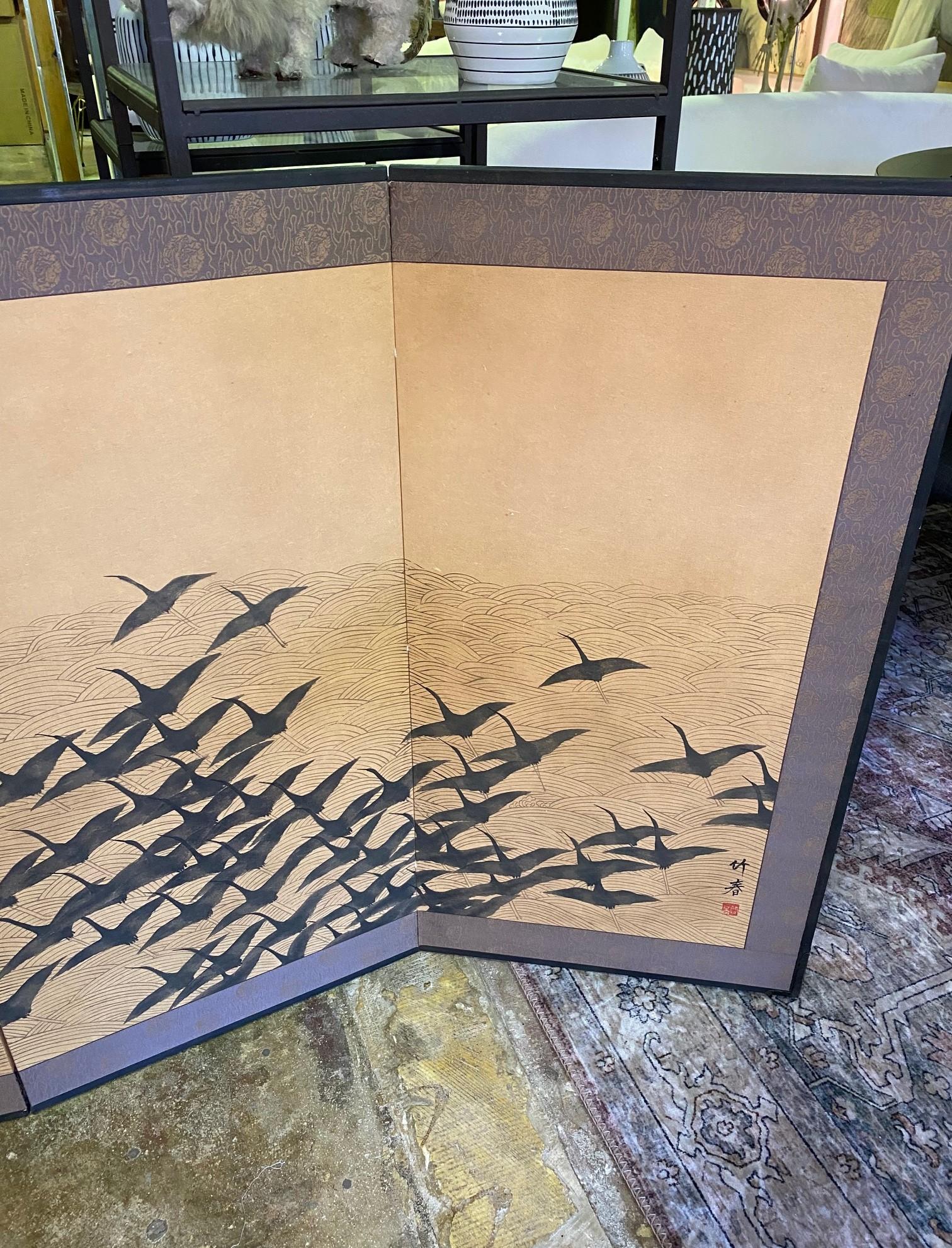 20th Century Japanese Asian Signed Four-Panel Folding Byobu Screen Cranes in Flight over Sea