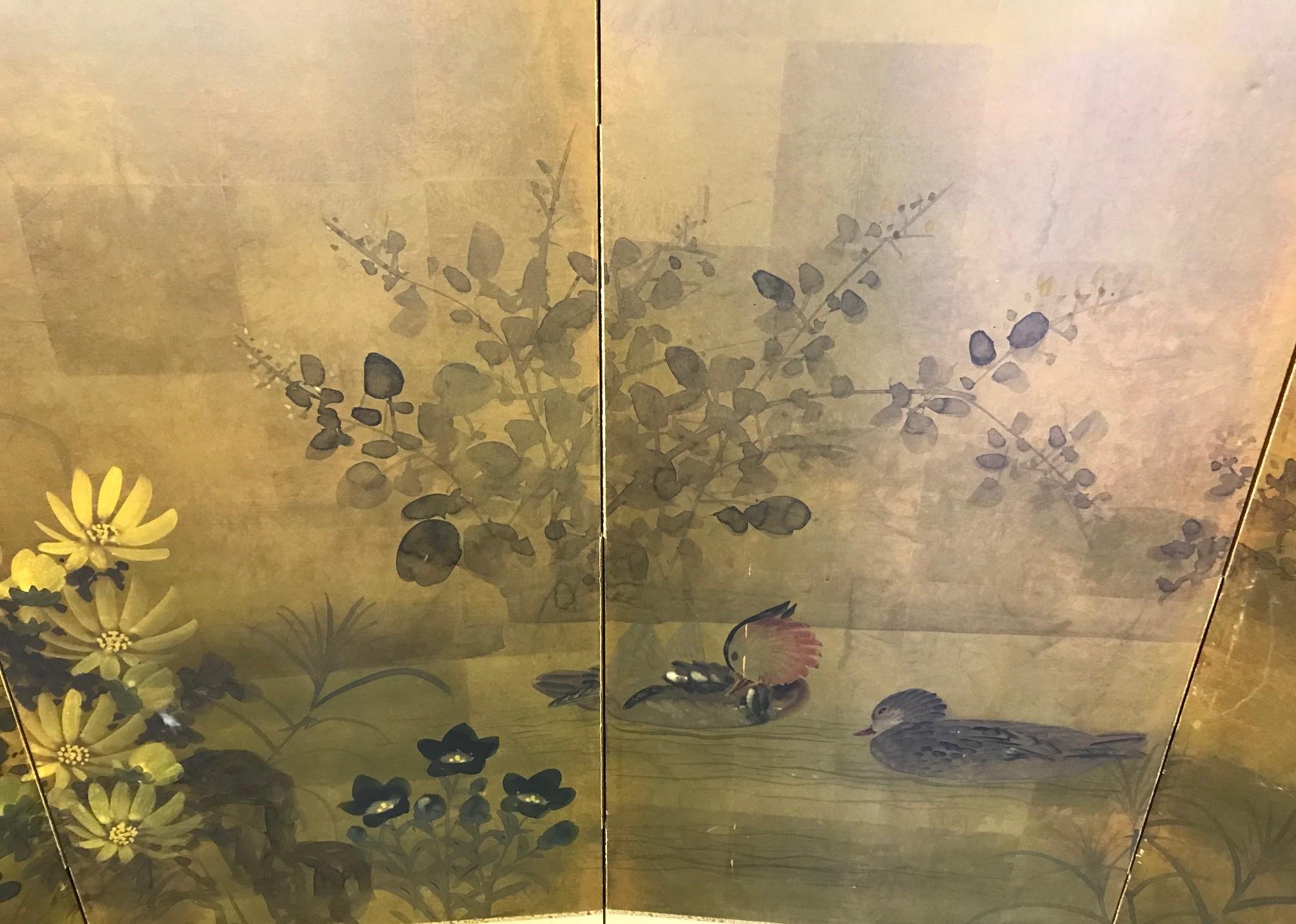 Meiji Japanese Asian Signed Four-Panel Folding Byobu Screen Ducks on Pond 19th Century
