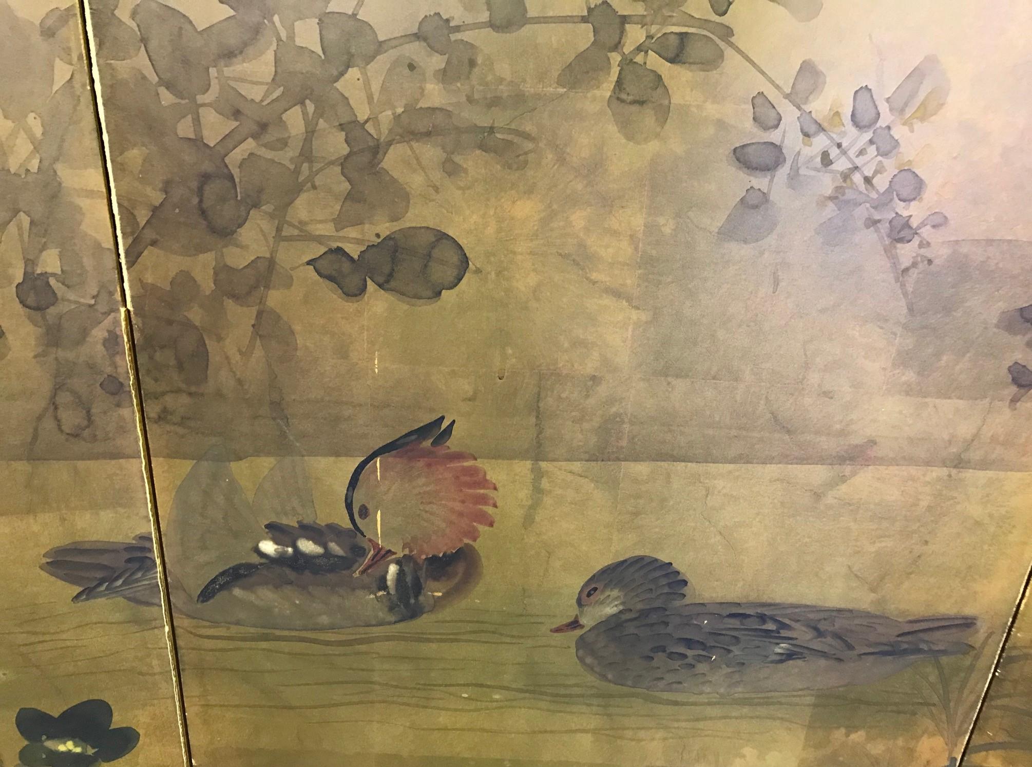 Hand-Painted Japanese Asian Signed Four-Panel Folding Byobu Screen Ducks on Pond 19th Century