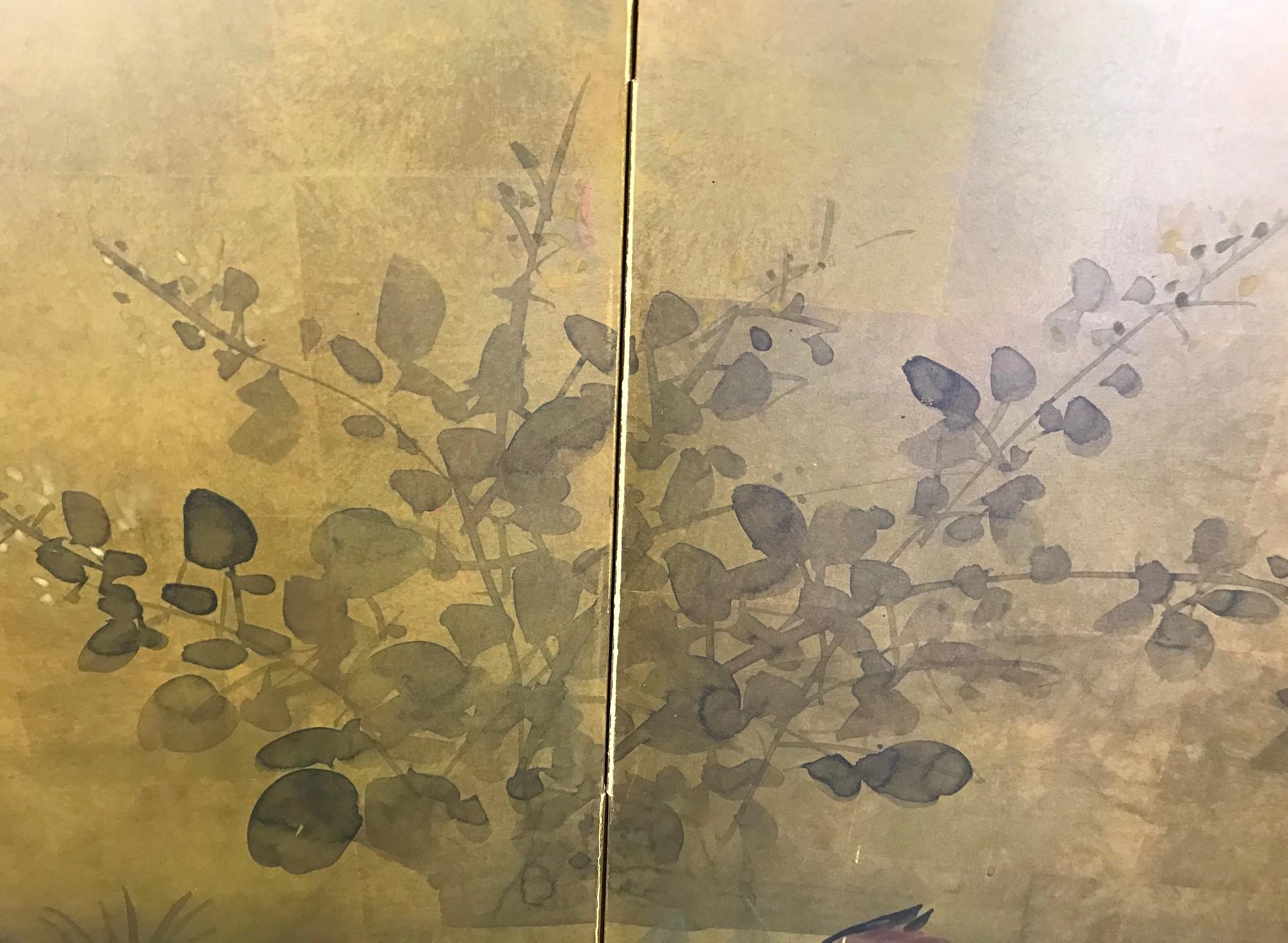 Gold Leaf Japanese Asian Signed Four-Panel Folding Byobu Screen Ducks on Pond 19th Century