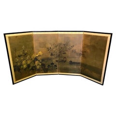 Japanese Asian Signed Four-Panel Folding Byobu Screen Ducks on Pond 19th Century