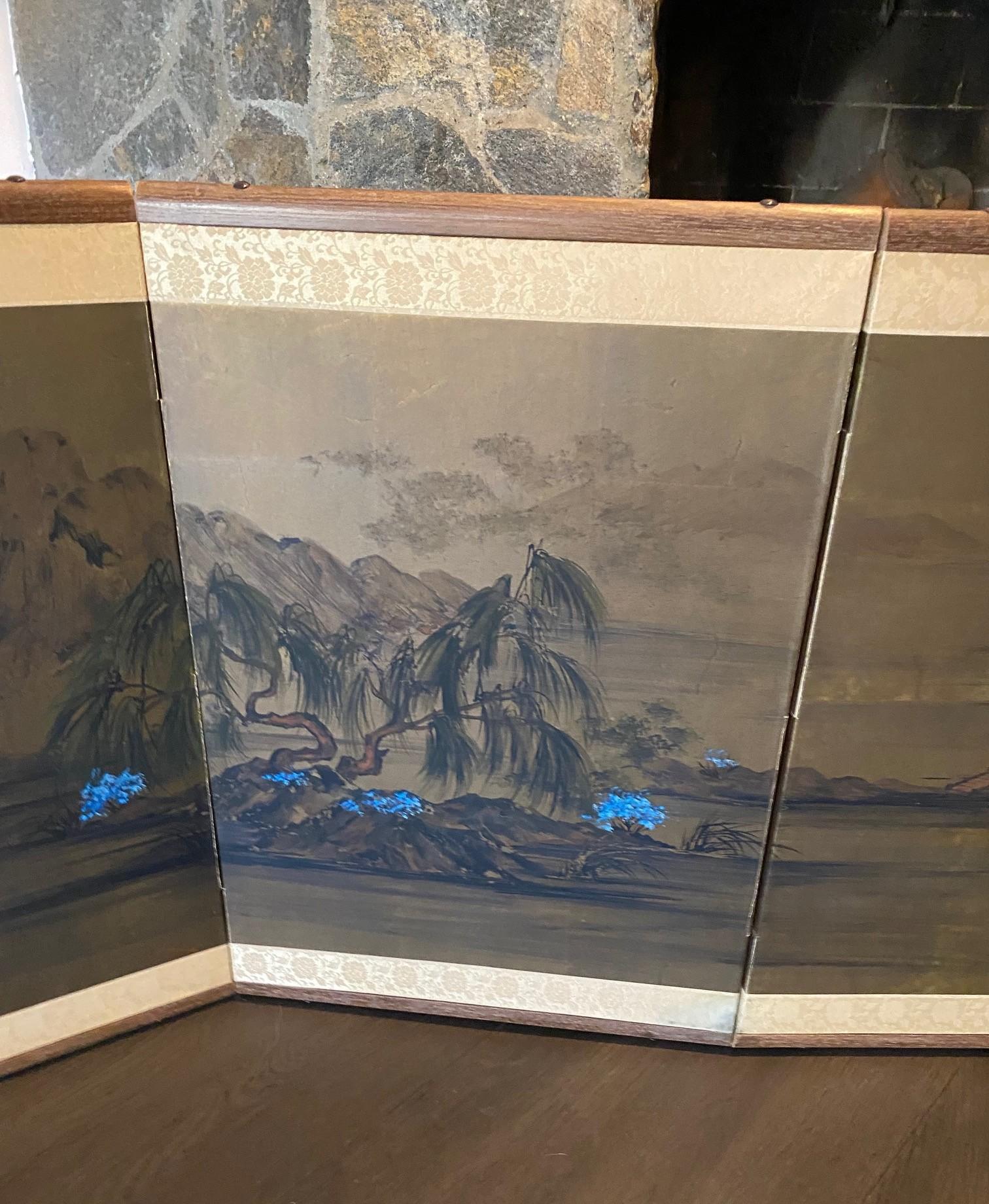 Japanisch Asiatisch Signiert Vier Panel Folding Byobu Bildschirm Eternal Spring Landscape im Zustand „Gut“ im Angebot in Studio City, CA