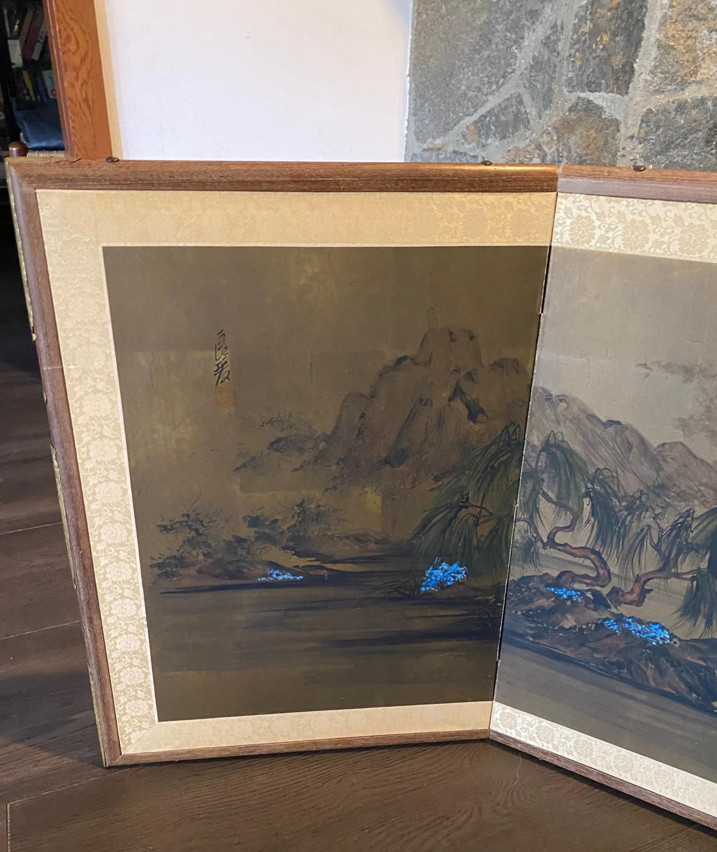 Japanisch Asiatisch Signiert Vier Panel Folding Byobu Bildschirm Eternal Spring Landscape (20. Jahrhundert) im Angebot