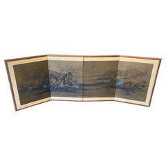 Japanese Asian Signed Four Panel Folding Byobu Screen Eternal Spring Landscape
