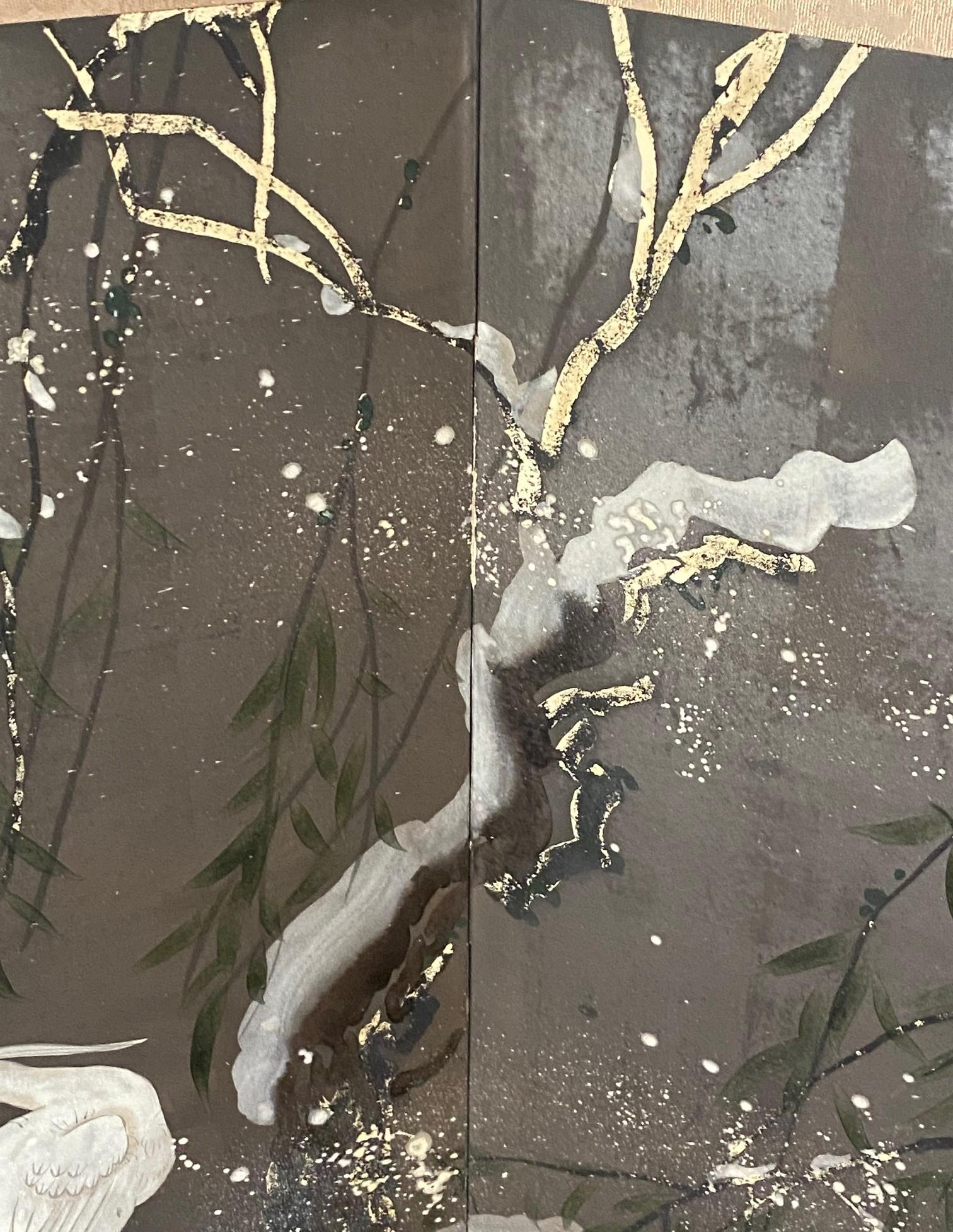 Japanisch Asiatisch Signiert Vier Panel Folding Byobu Bildschirm Reiher im Winter Schnee im Angebot 4