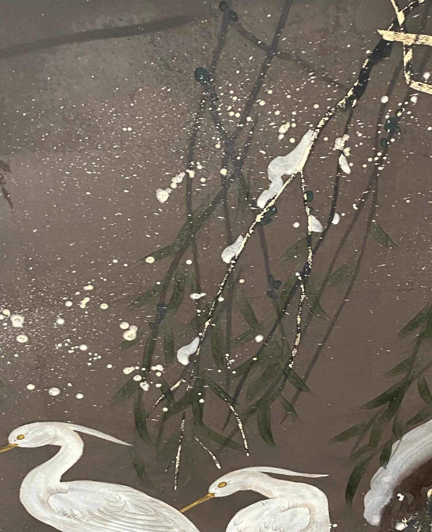 Japanisch Asiatisch Signiert Vier Panel Folding Byobu Bildschirm Reiher im Winter Schnee im Angebot 9