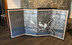 Japanese Asian Signed Four Panel Folding Byobu Screen Herons in the Winter Snow