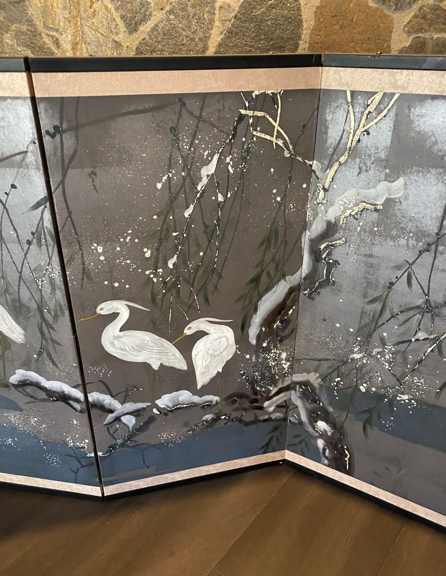 Japanisch Asiatisch Signiert Vier Panel Folding Byobu Bildschirm Reiher im Winter Schnee (Handgefertigt) im Angebot