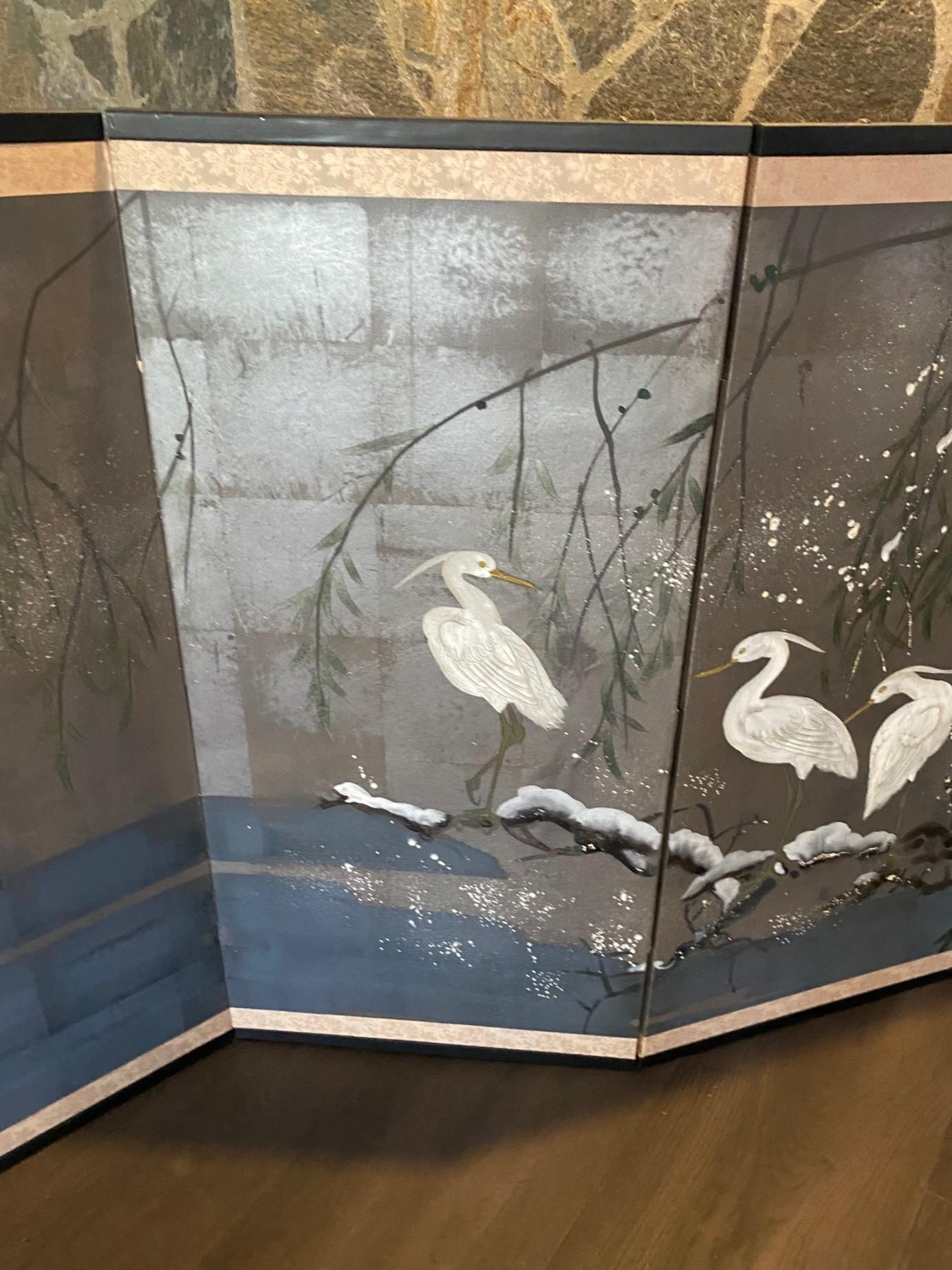Japanisch Asiatisch Signiert Vier Panel Folding Byobu Bildschirm Reiher im Winter Schnee im Zustand „Gut“ im Angebot in Studio City, CA