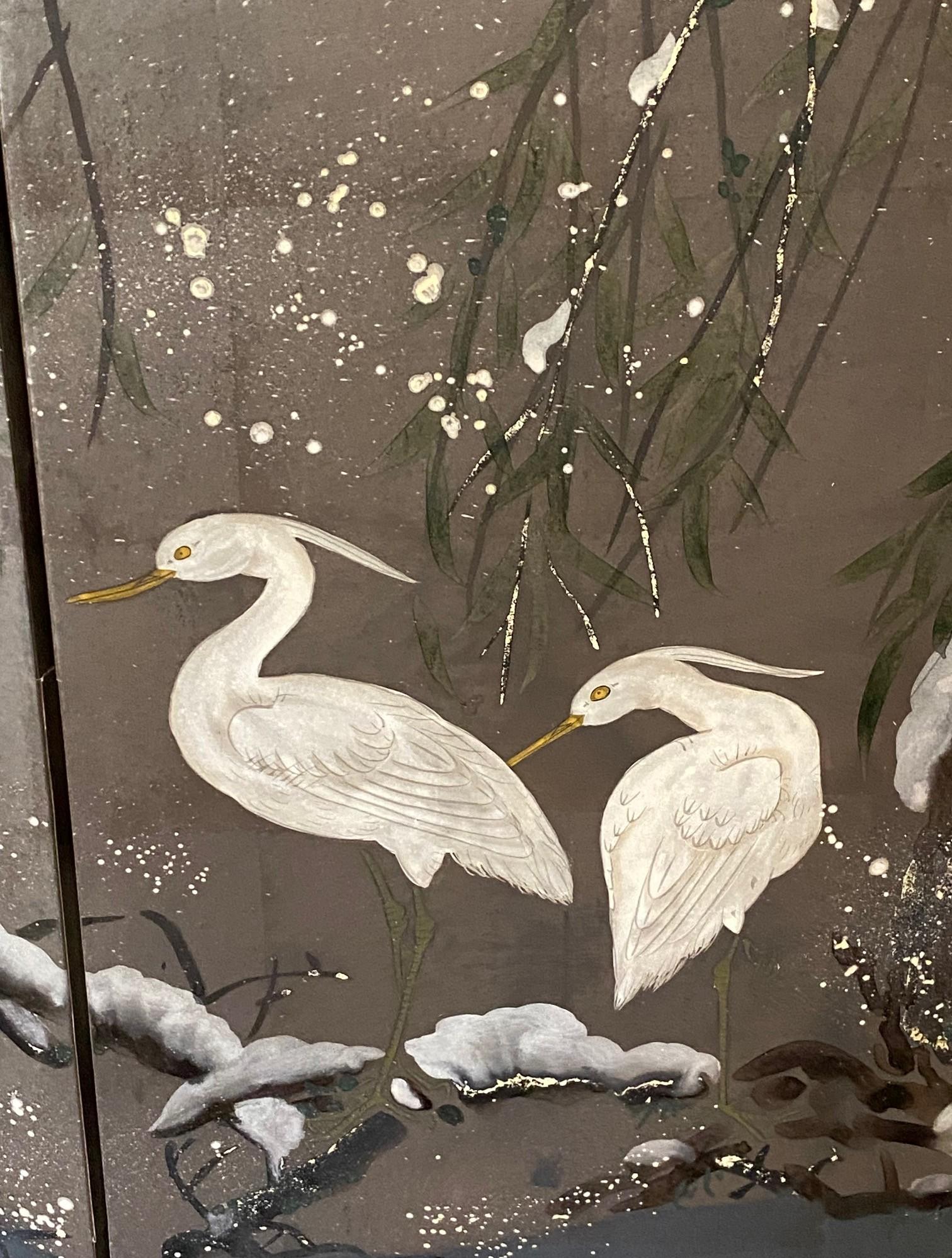 Japanisch Asiatisch Signiert Vier Panel Folding Byobu Bildschirm Reiher im Winter Schnee im Angebot 1